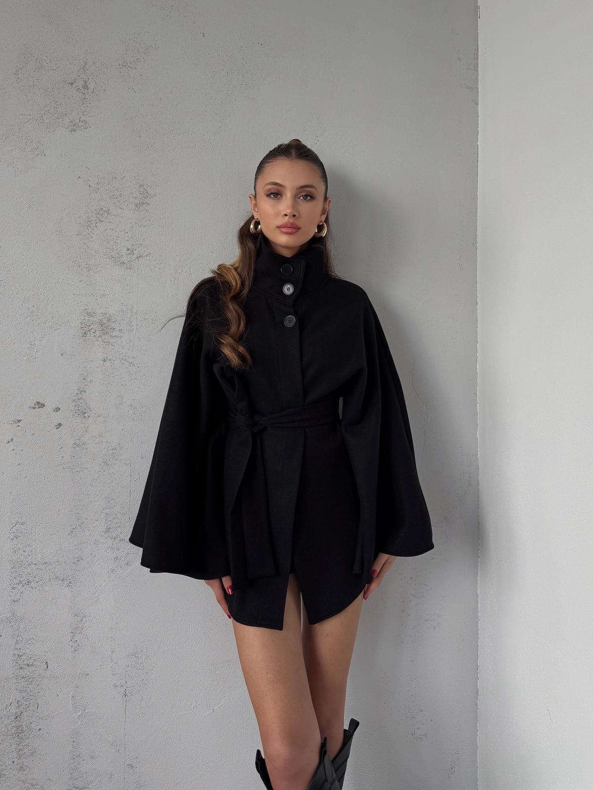 Mavren Kuşaklı Siyah Kaşe Panço