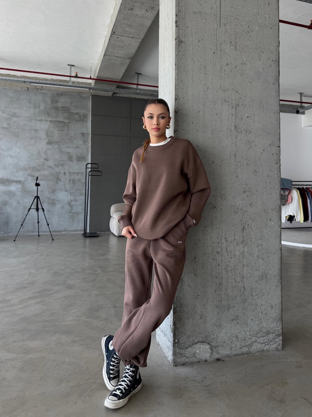 OW Bisiklet Yaka Oversize Kahve Hoodie