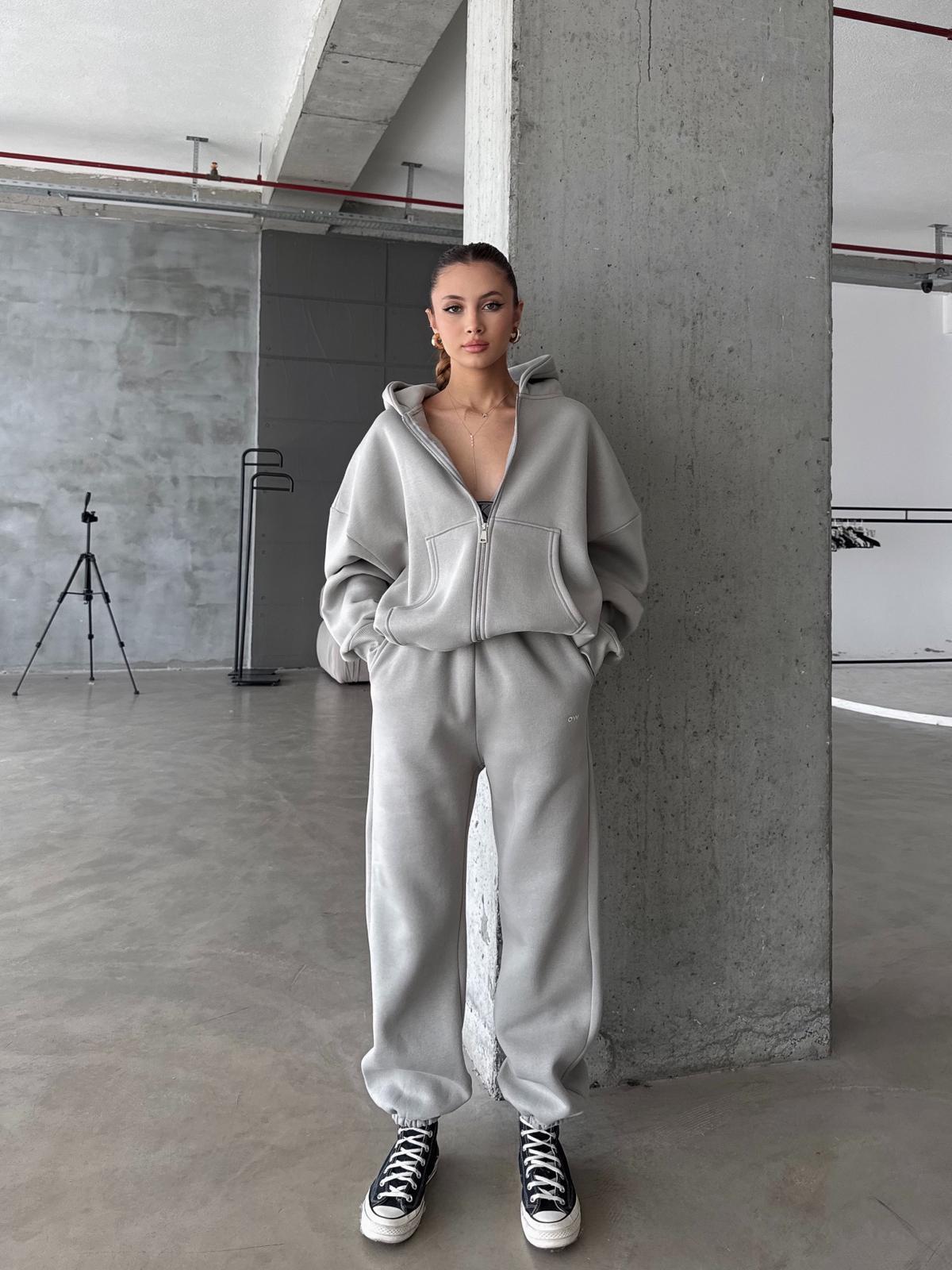 OW Fermuarlı Oversize Gri Eşofman Takımı