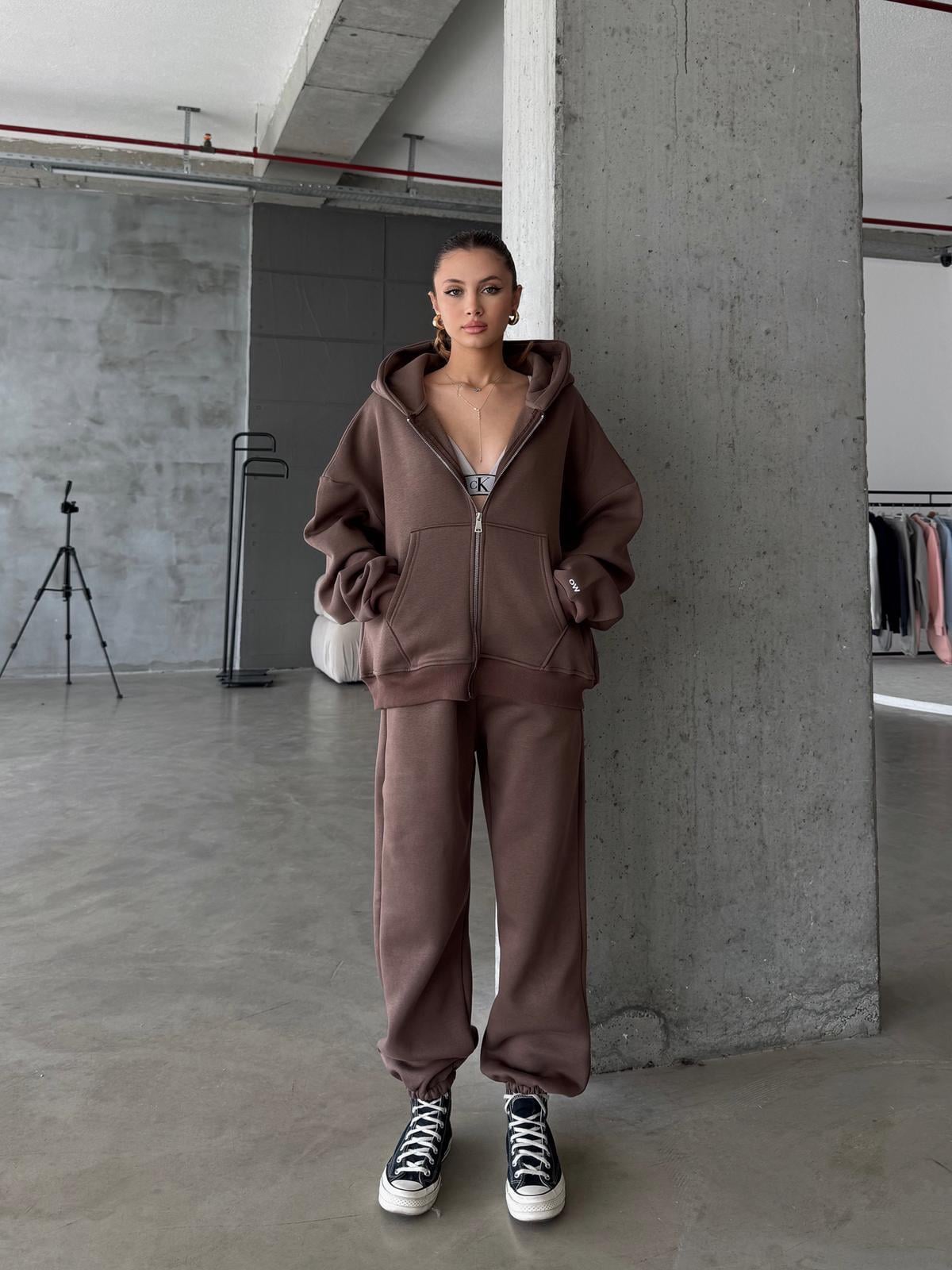 OW Fermuarlı Oversize Kahve Eşofman Takımı