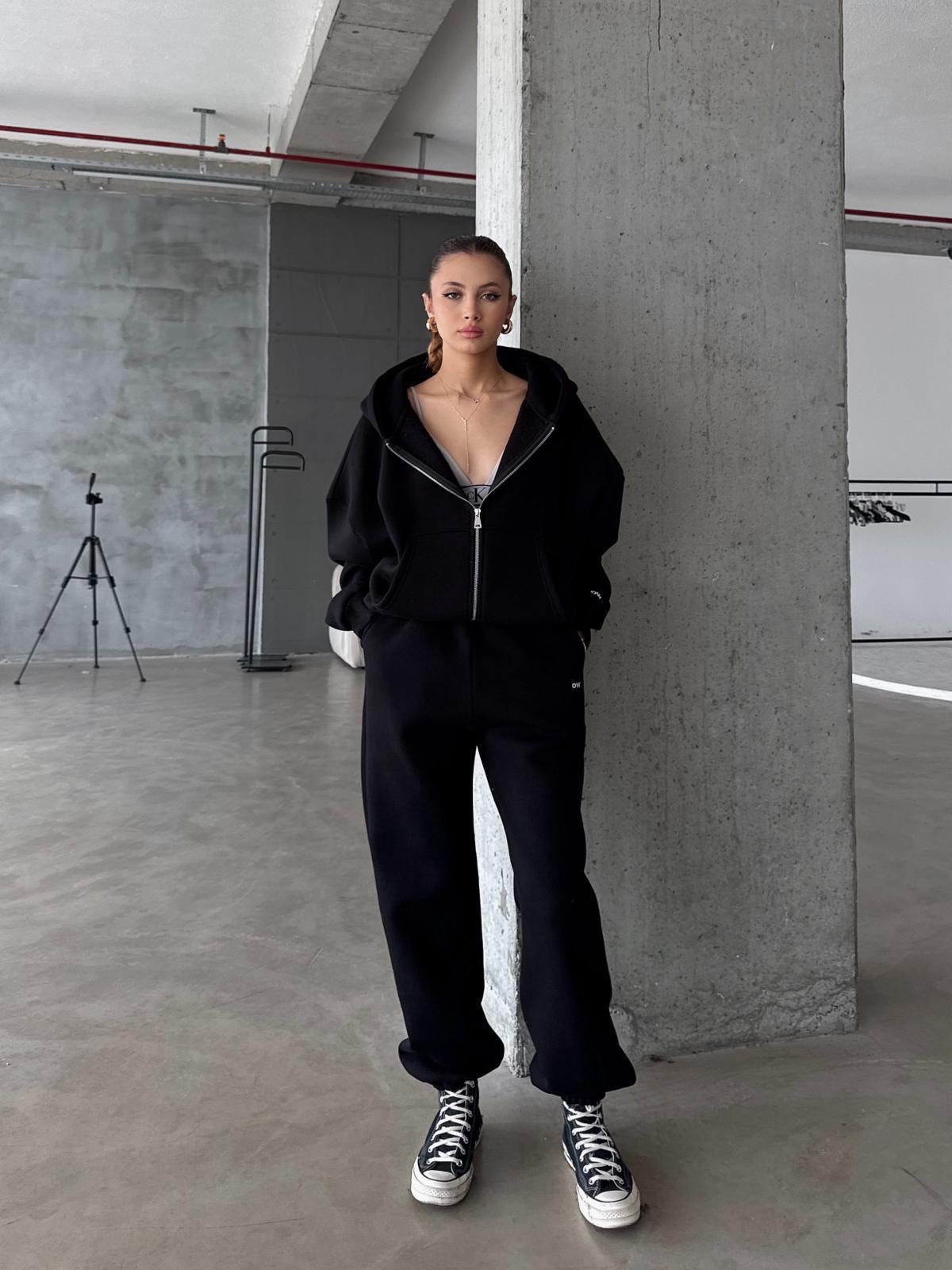 OW Fermuarlı Oversize Siyah Eşofman Takımı