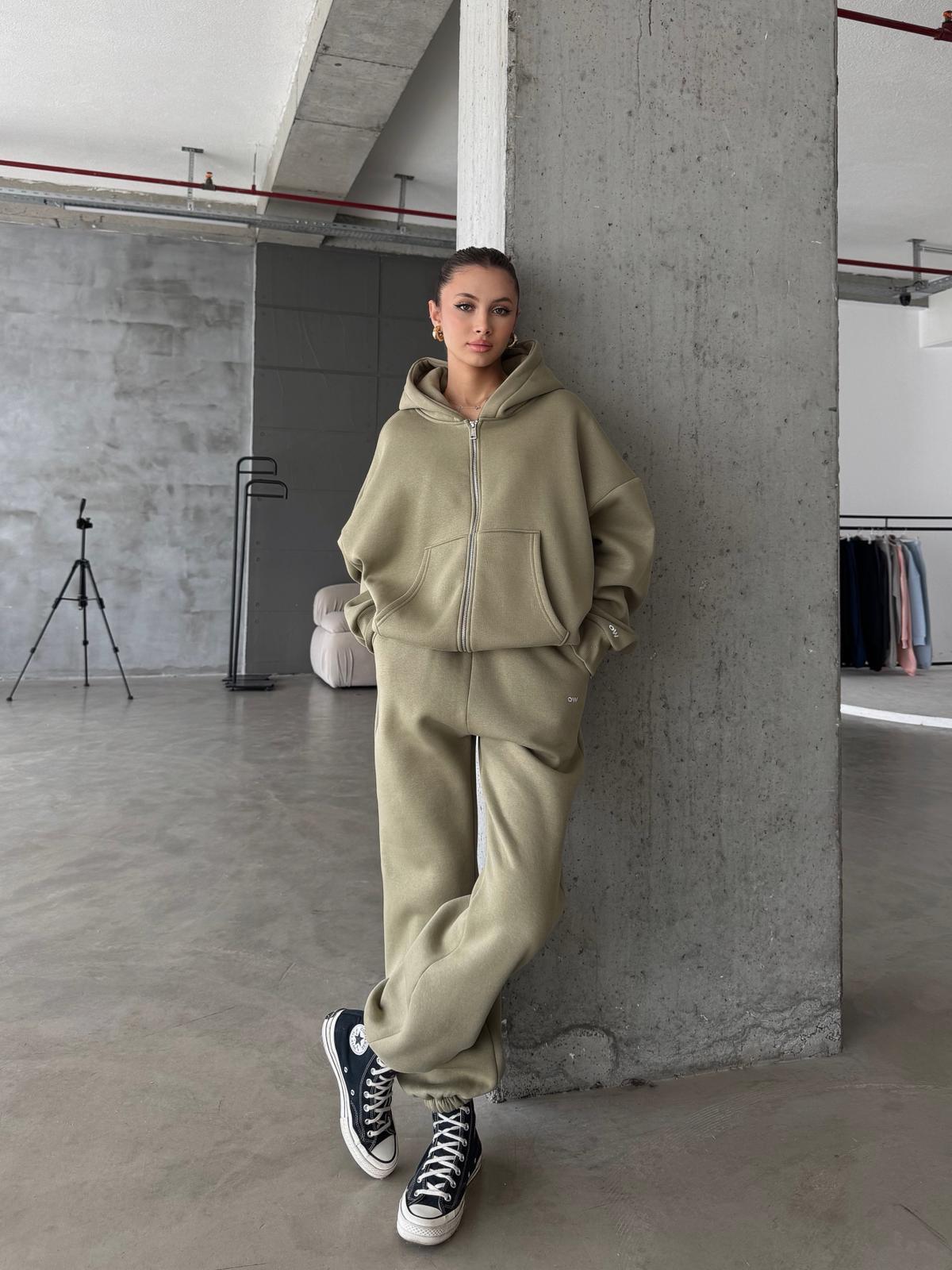 OW Fermuarlı Oversize Yağ Yeşili Eşofman Takımı