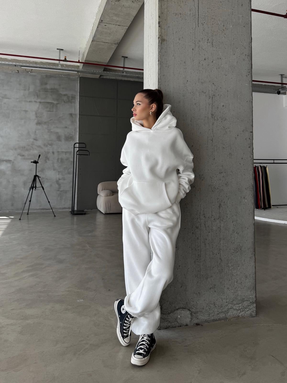 OW Kapüşonlu Oversize Beyaz Eşofman Takımı