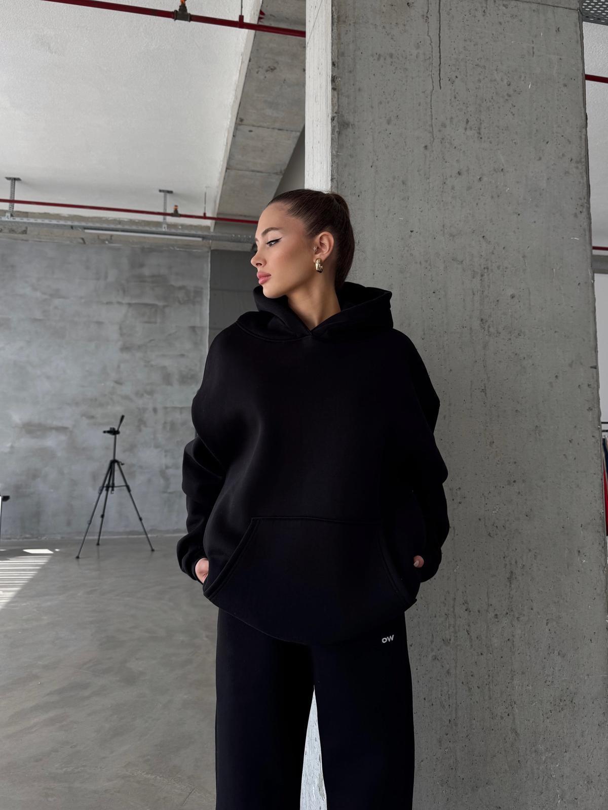 OW Kapüşonlu Oversize Siyah Hoodie