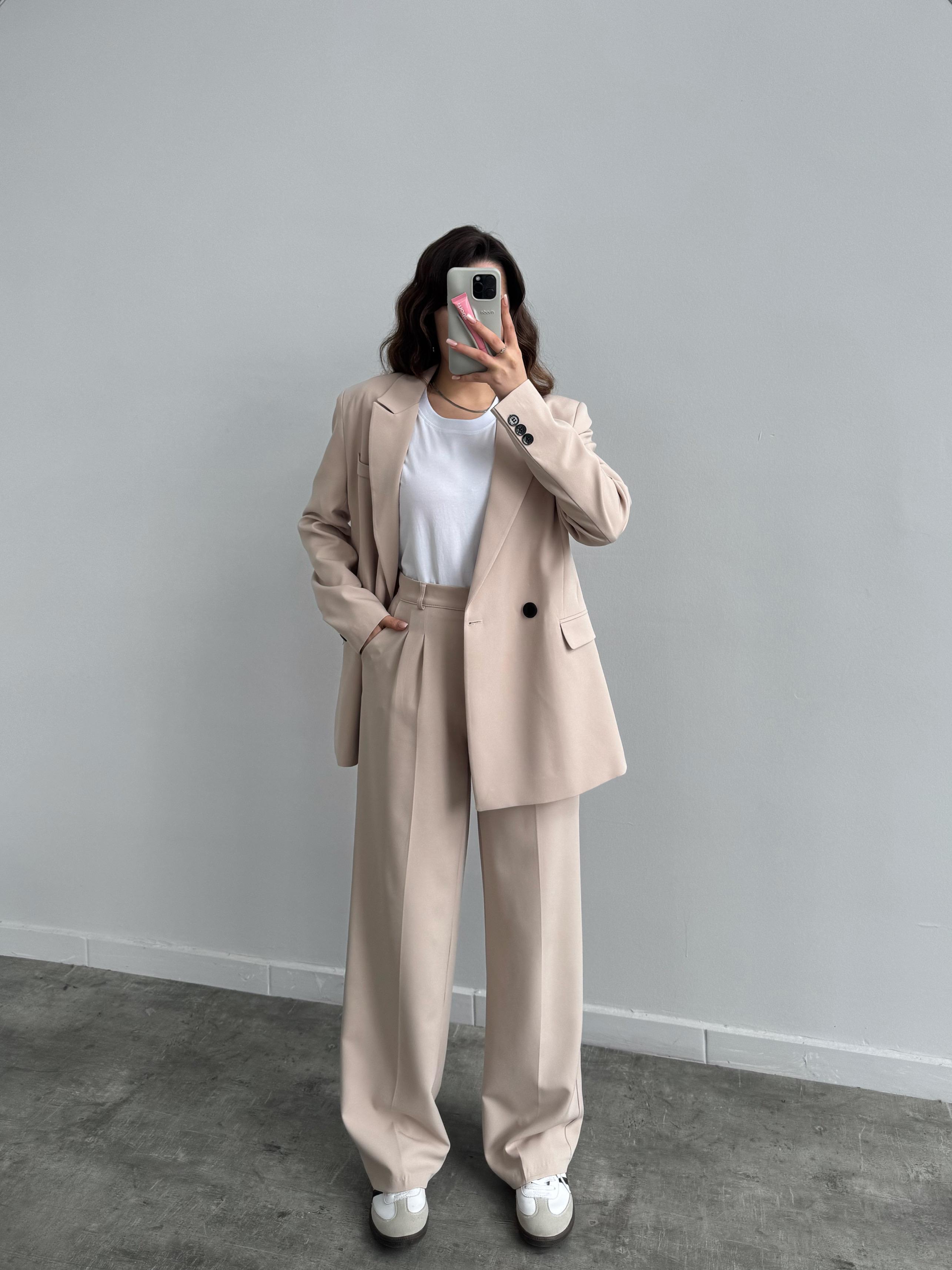 Peralt Bej Koton Kumaş Blazer Takım