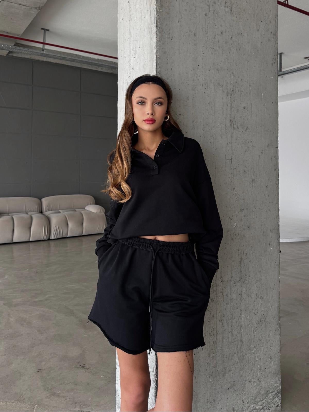 Ront Polo Yaka Siyah Şort Sweatshirt Takım