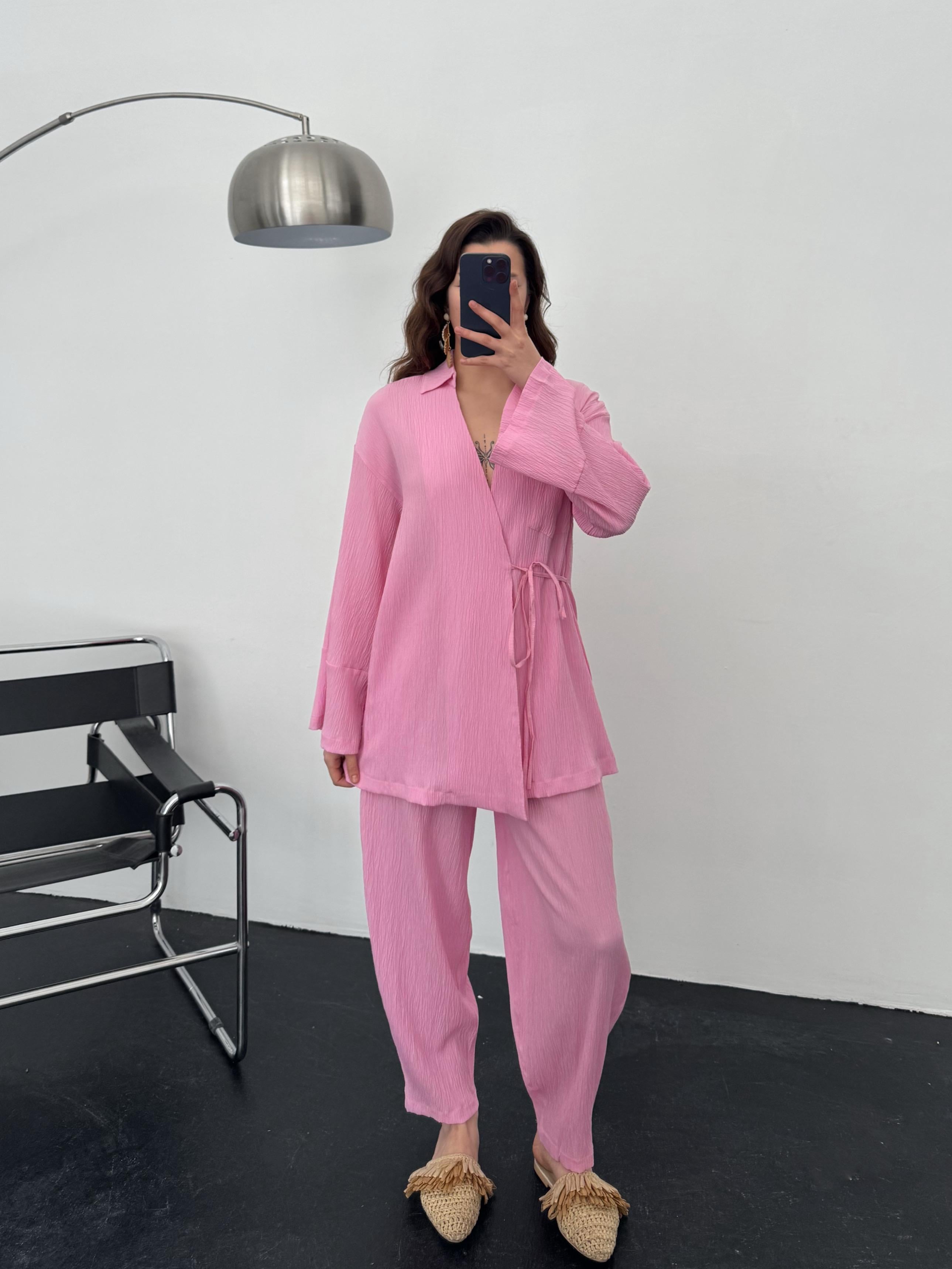 Sunspell Pembe Gofre Yandan Bağlama Detay Kimono Pantolon Takım