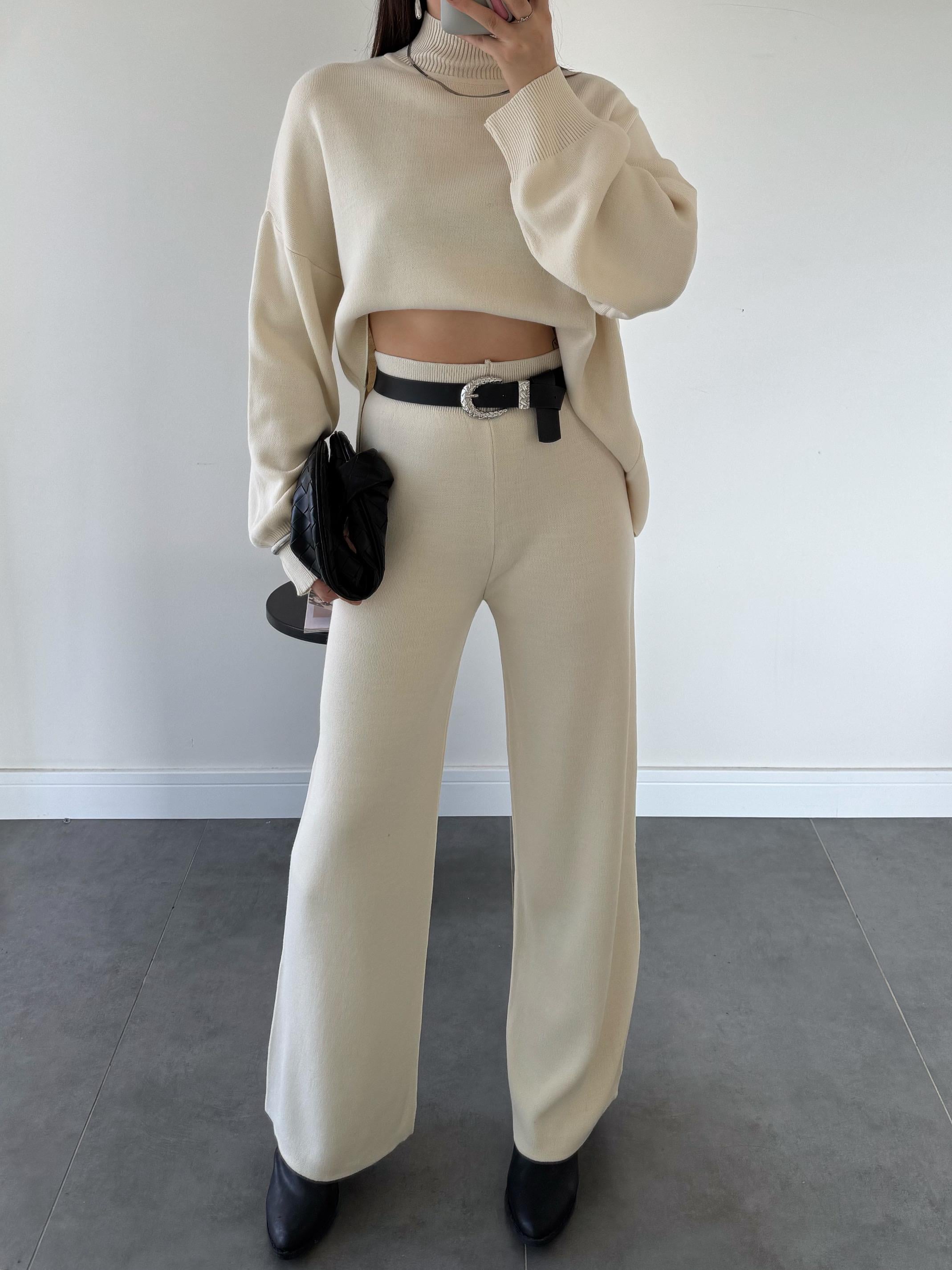 Tamara Ekru Asimetrik Kesim Triko Takım