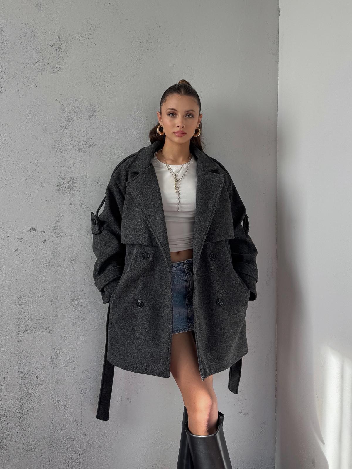 Verris Antrasit Apoletli Oversize Kaşe Kısa Kaban