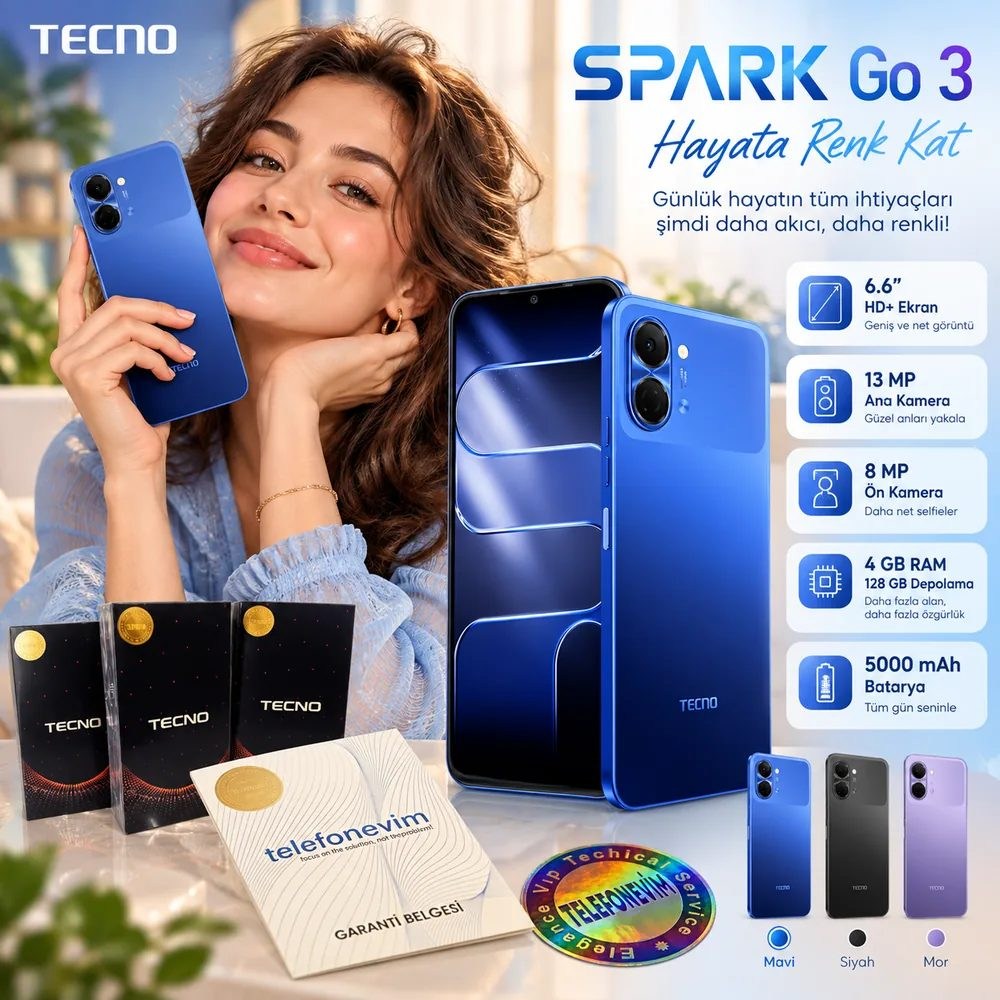 Tecno Spark Go 3 4GB+4GB 128GB Mavi (İthalatçı Garantili)