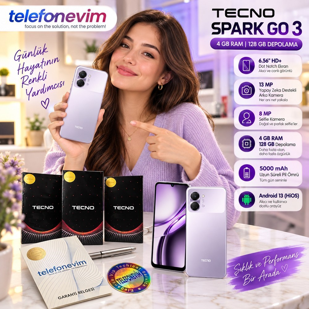 Tecno Spark Go 3 4GB+4GB 128GB Mor (İthalatçı Garantili)