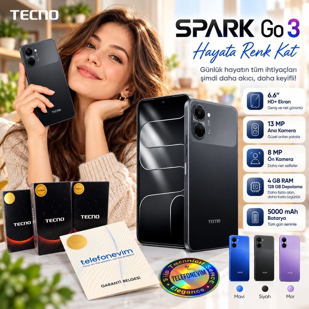 Tecno Spark Go 3 4GB+4GB 128GB Siyah (İthalatçı Garantili)