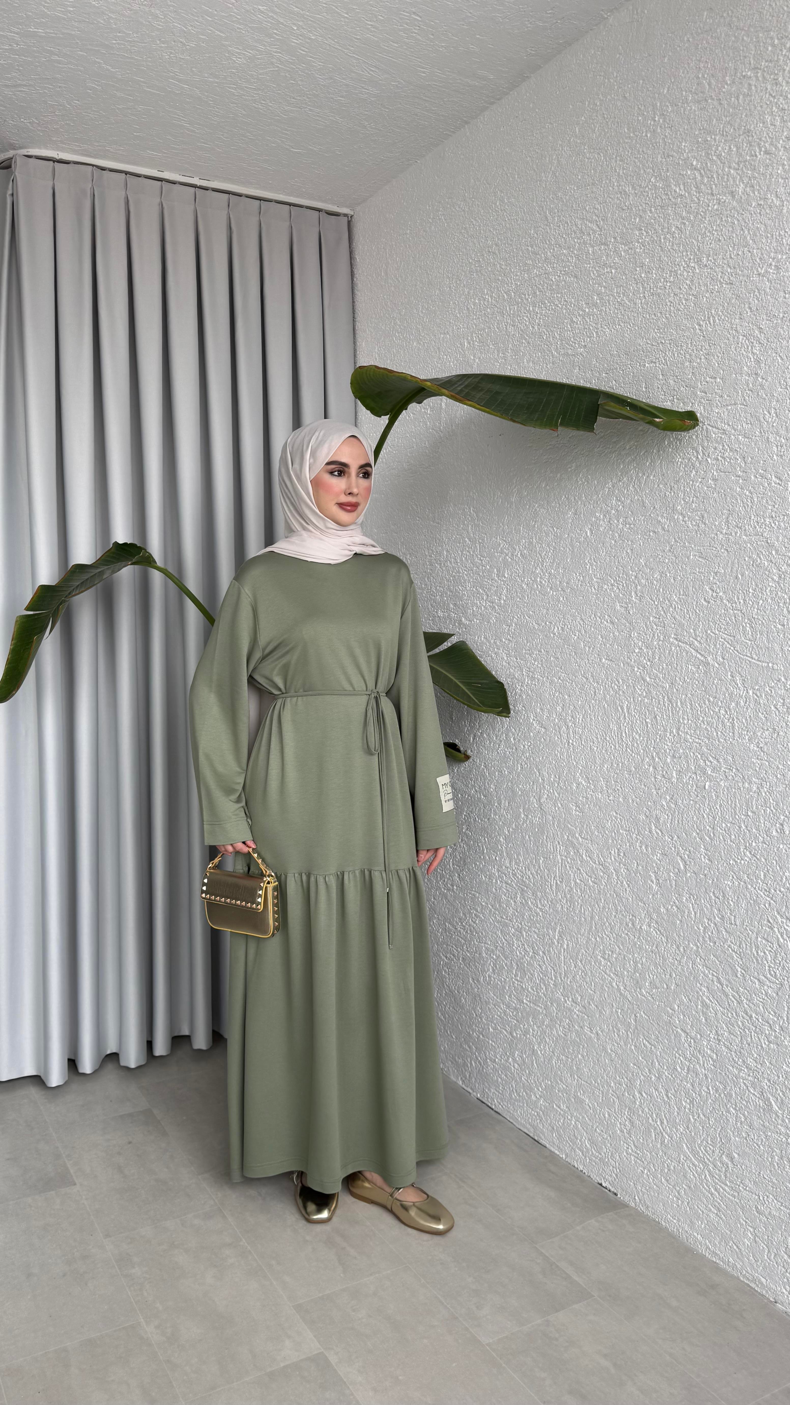 BİYE KEMERLİ İKİ İPLİK ELBİSE - HAKİ 