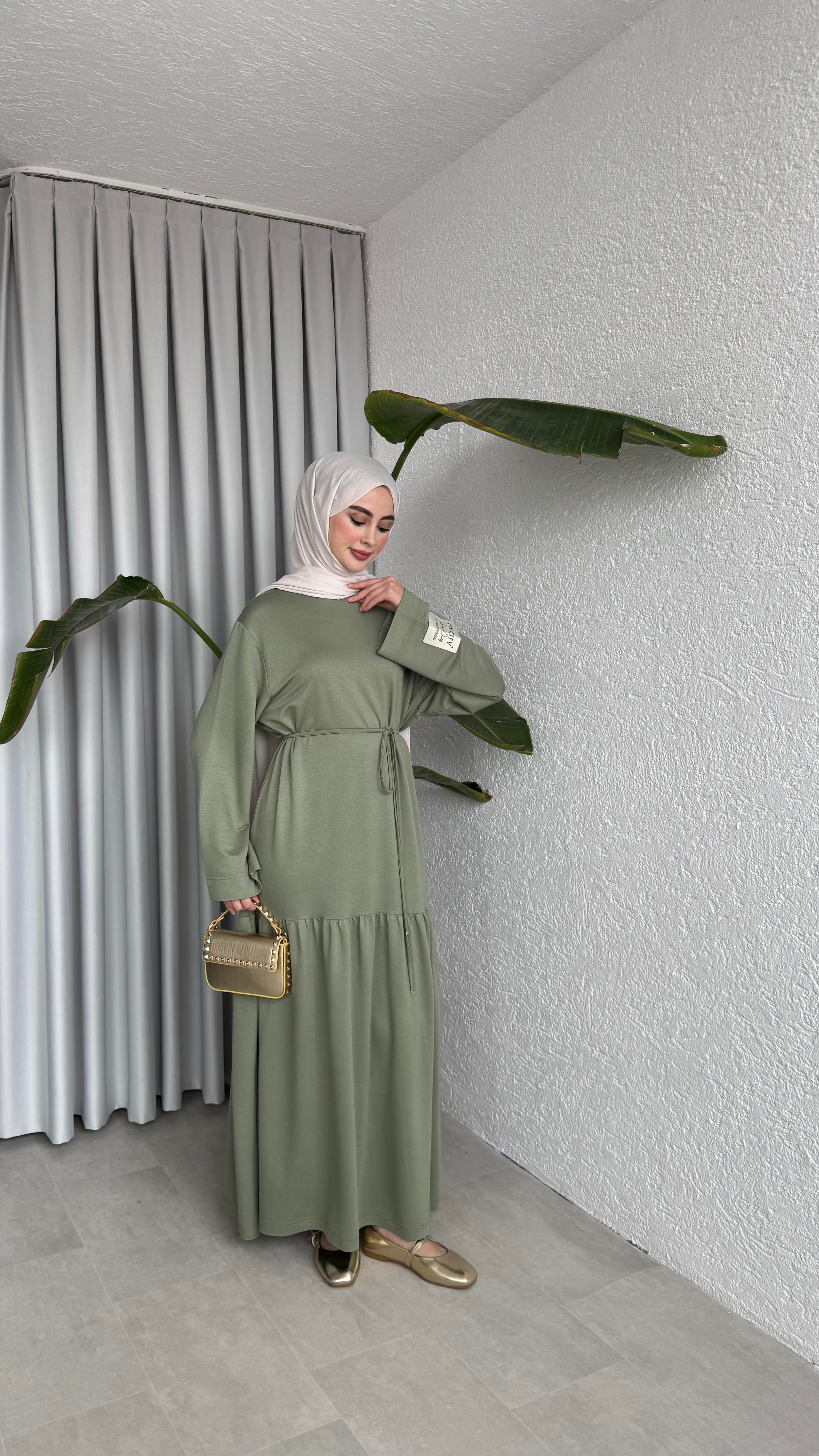 BİYE KEMERLİ İKİ İPLİK ELBİSE - HAKİ 