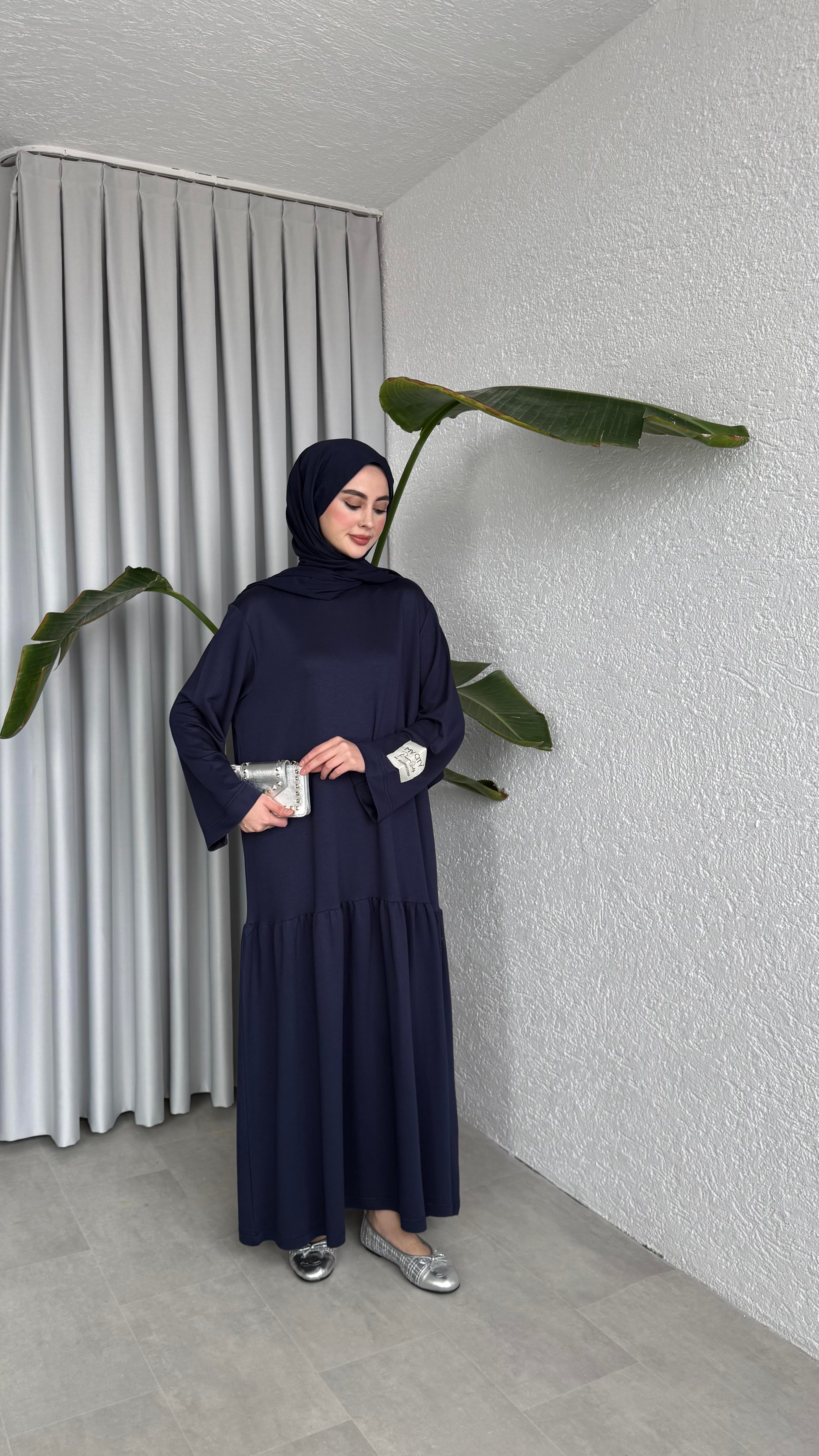 BİYE KEMERLİ İKİ İPLİK ELBİSE - LACİVERT 