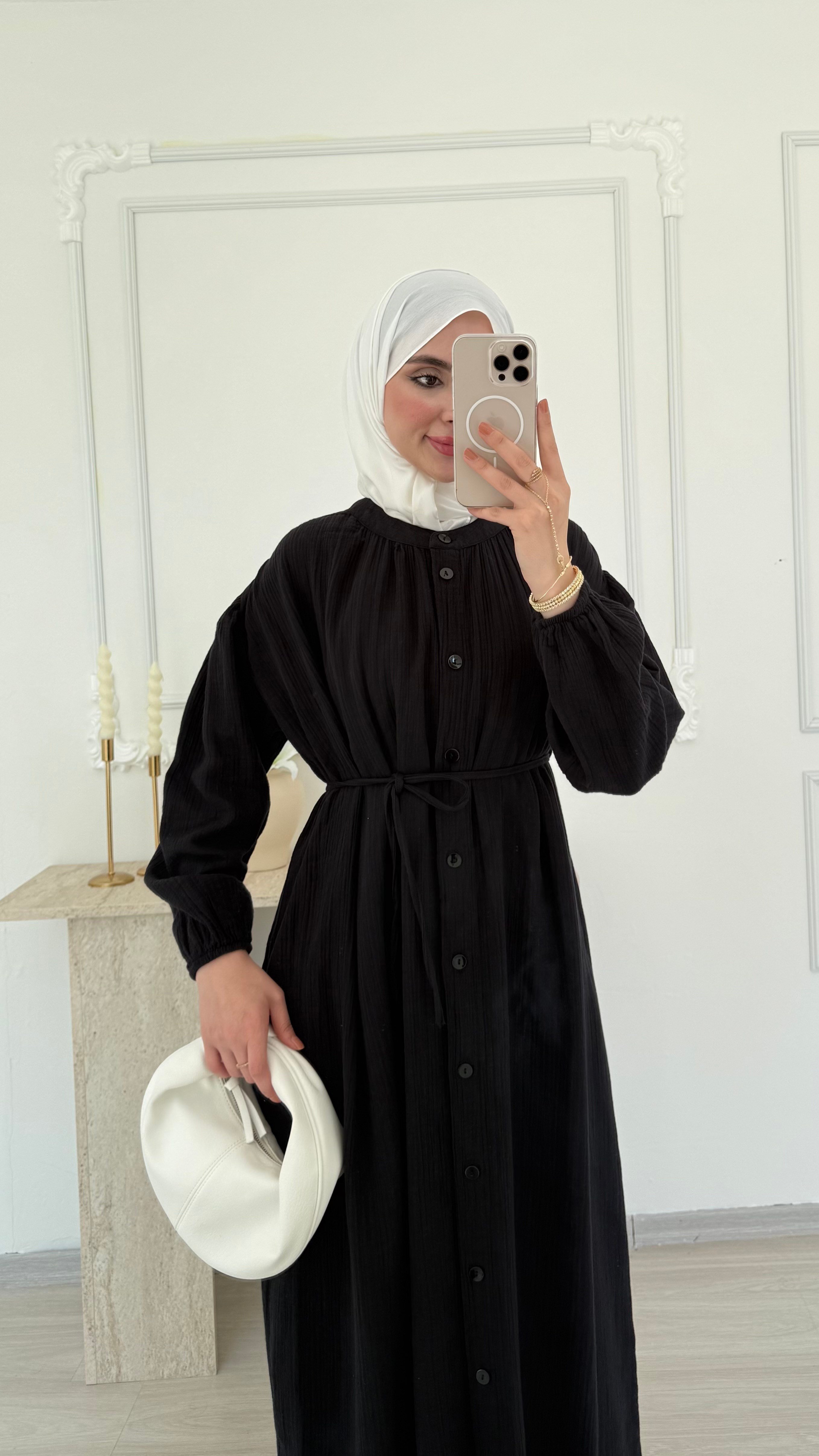 BİYE KEMERLİ MÜSLİN ELBİSE - SİYAH