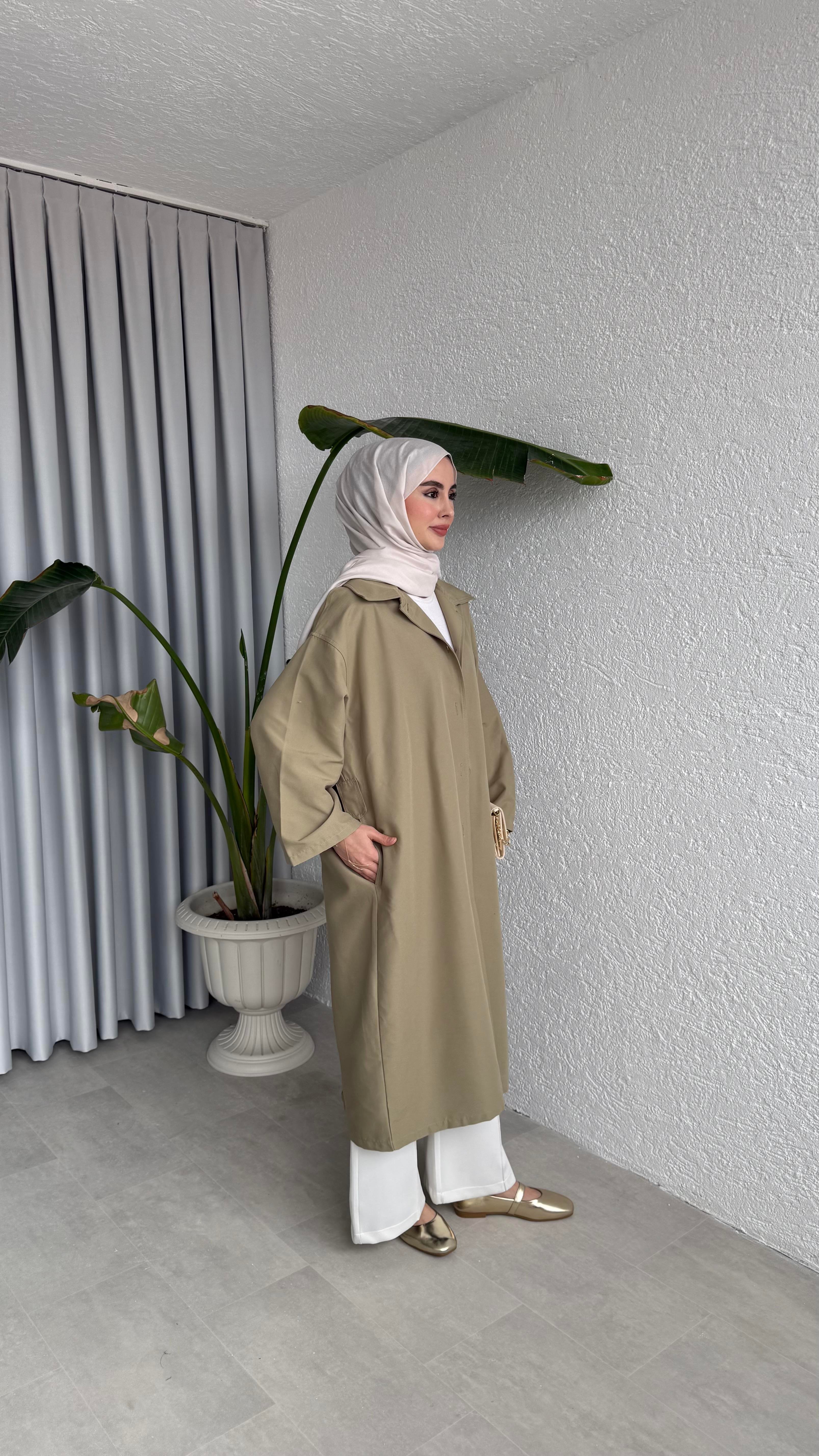 DUĞMELİ KALIN TRENÇKOT - YAĞ YEŞİLİ 