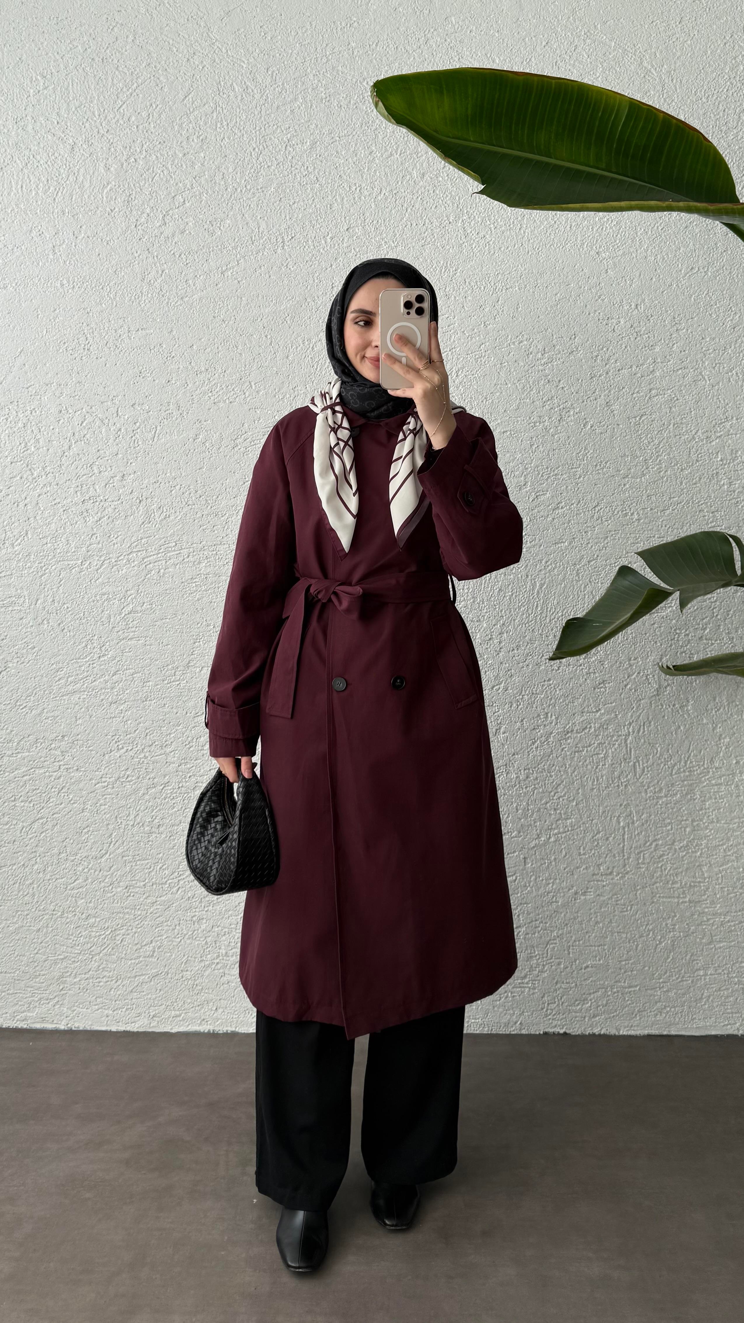 EFİL FULARLI TRENÇKOT-BORDO