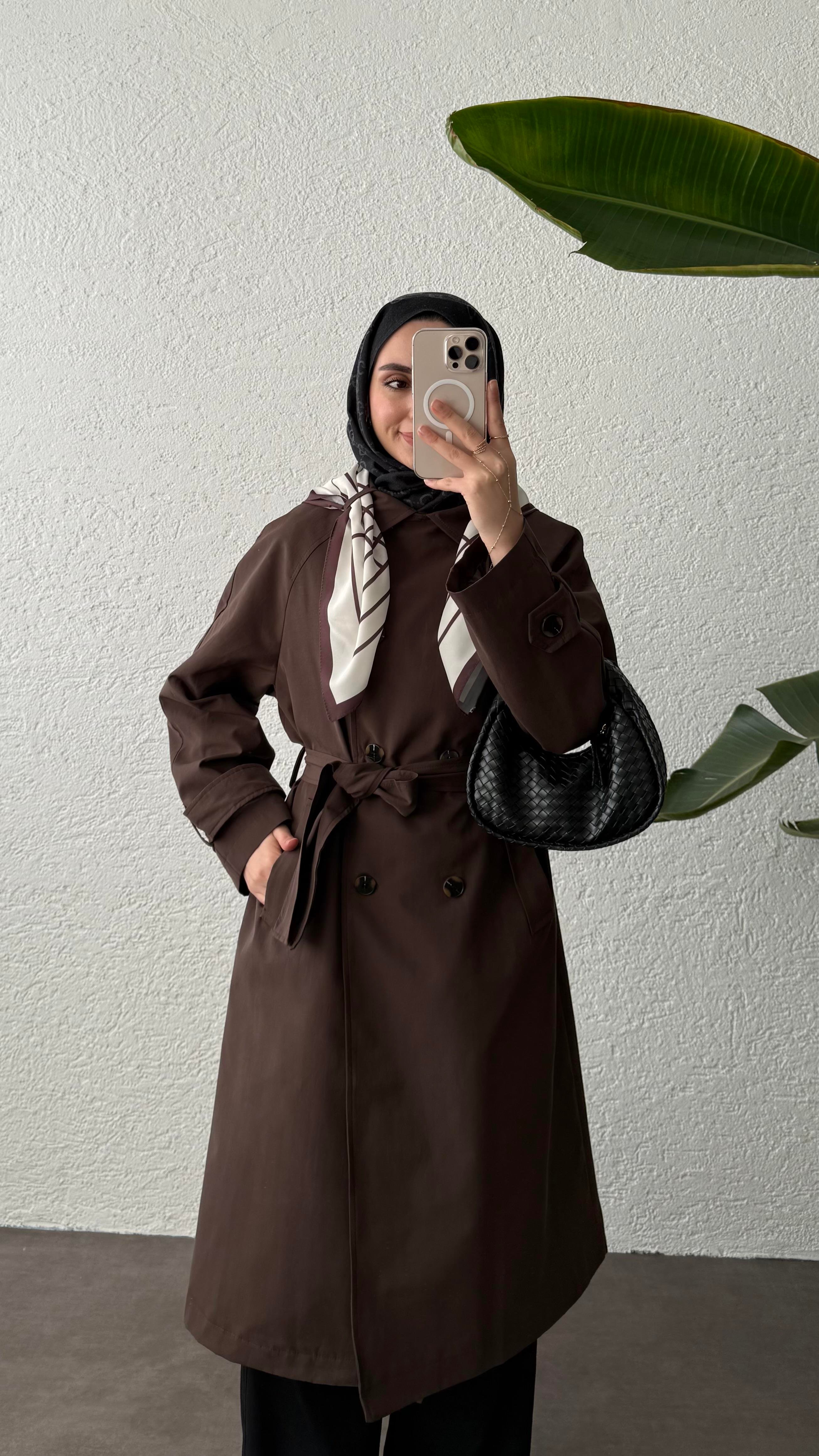 EFİL FULARLI TRENÇKOT-KAHVERENGİ