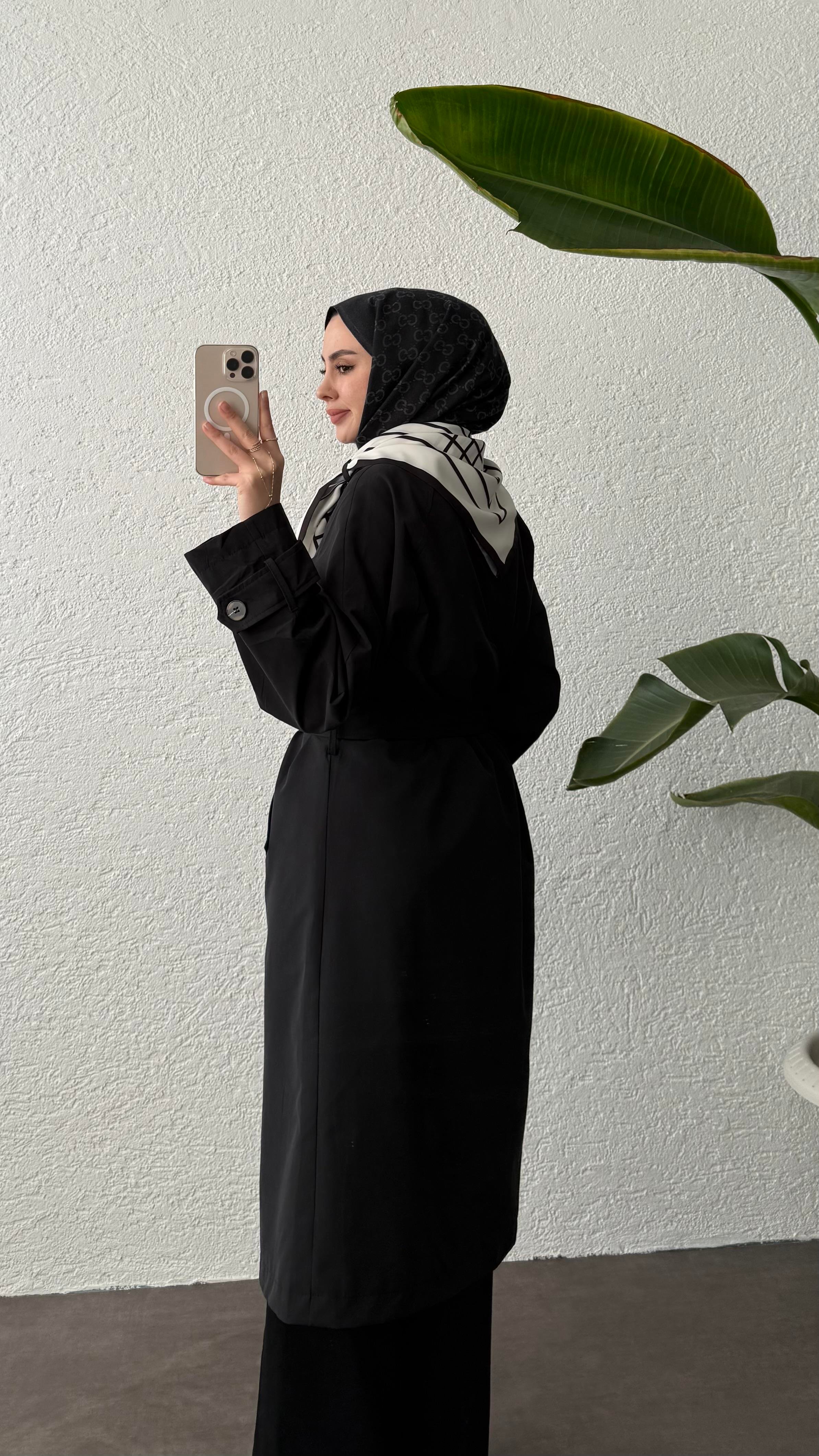 EFİL FULARLI TRENÇKOT-SİYAH