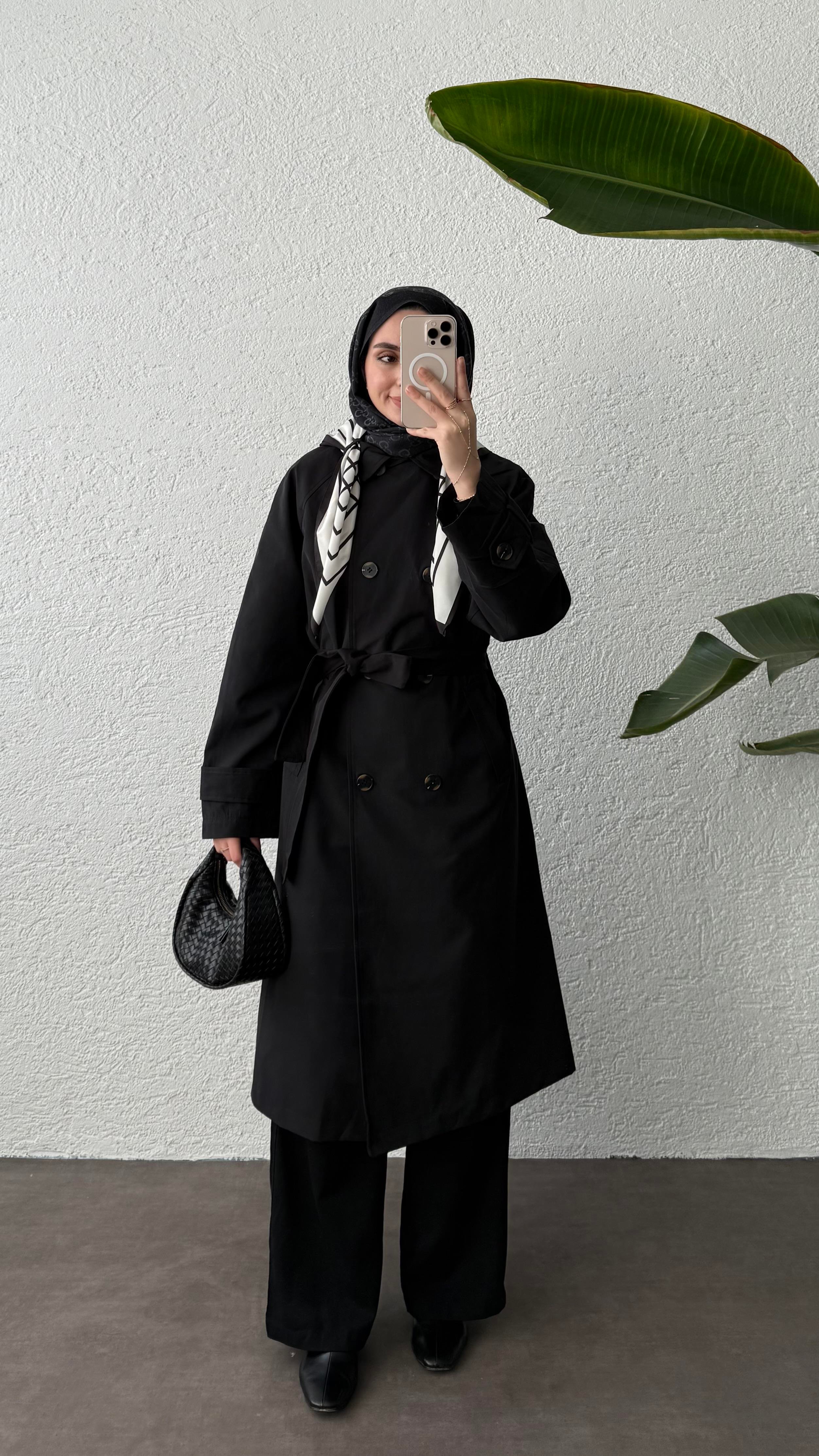 EFİL FULARLI TRENÇKOT-SİYAH