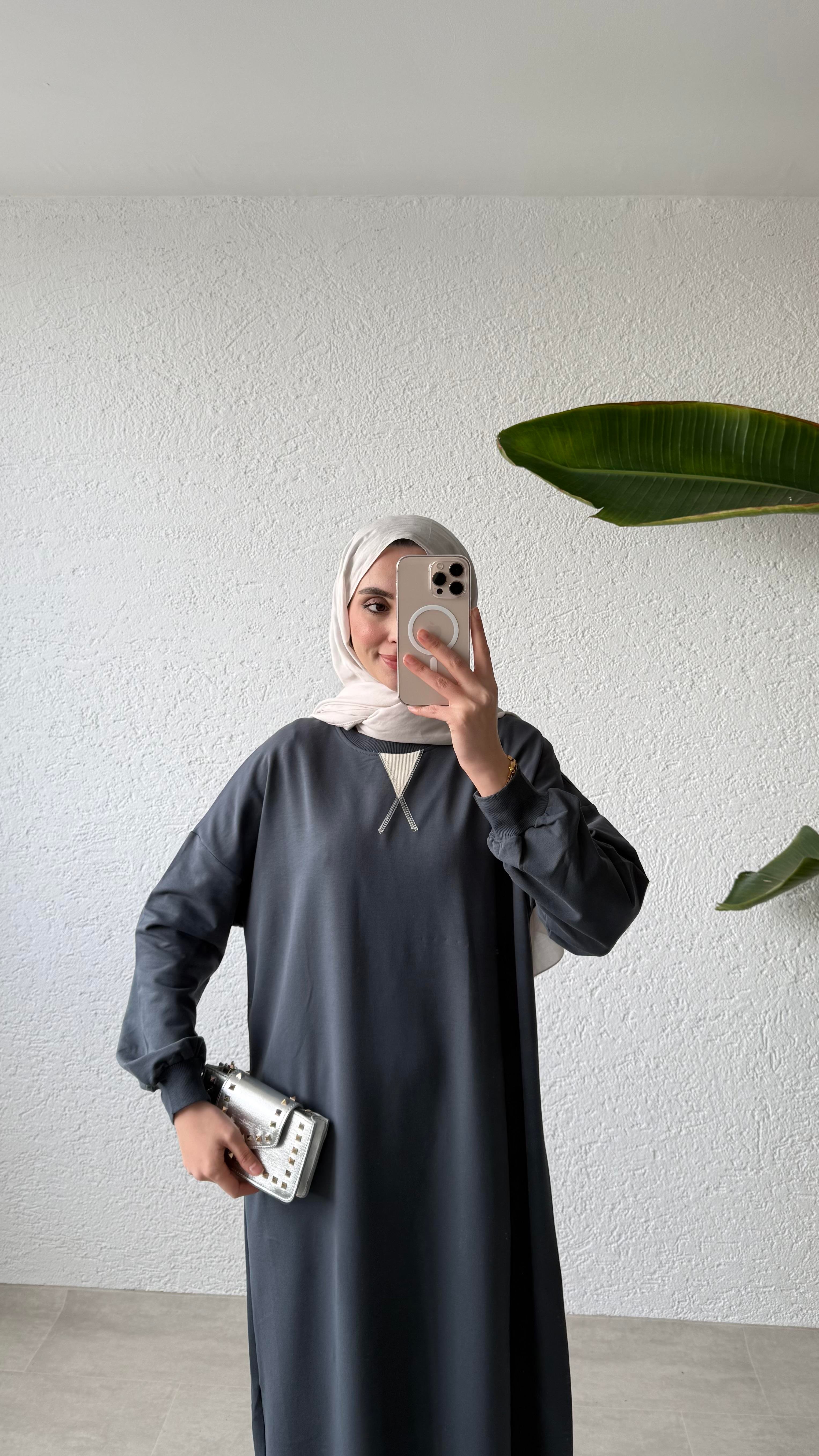 ETEĞİ FERMUAR DETAYLI ELBİSE -  FÜME