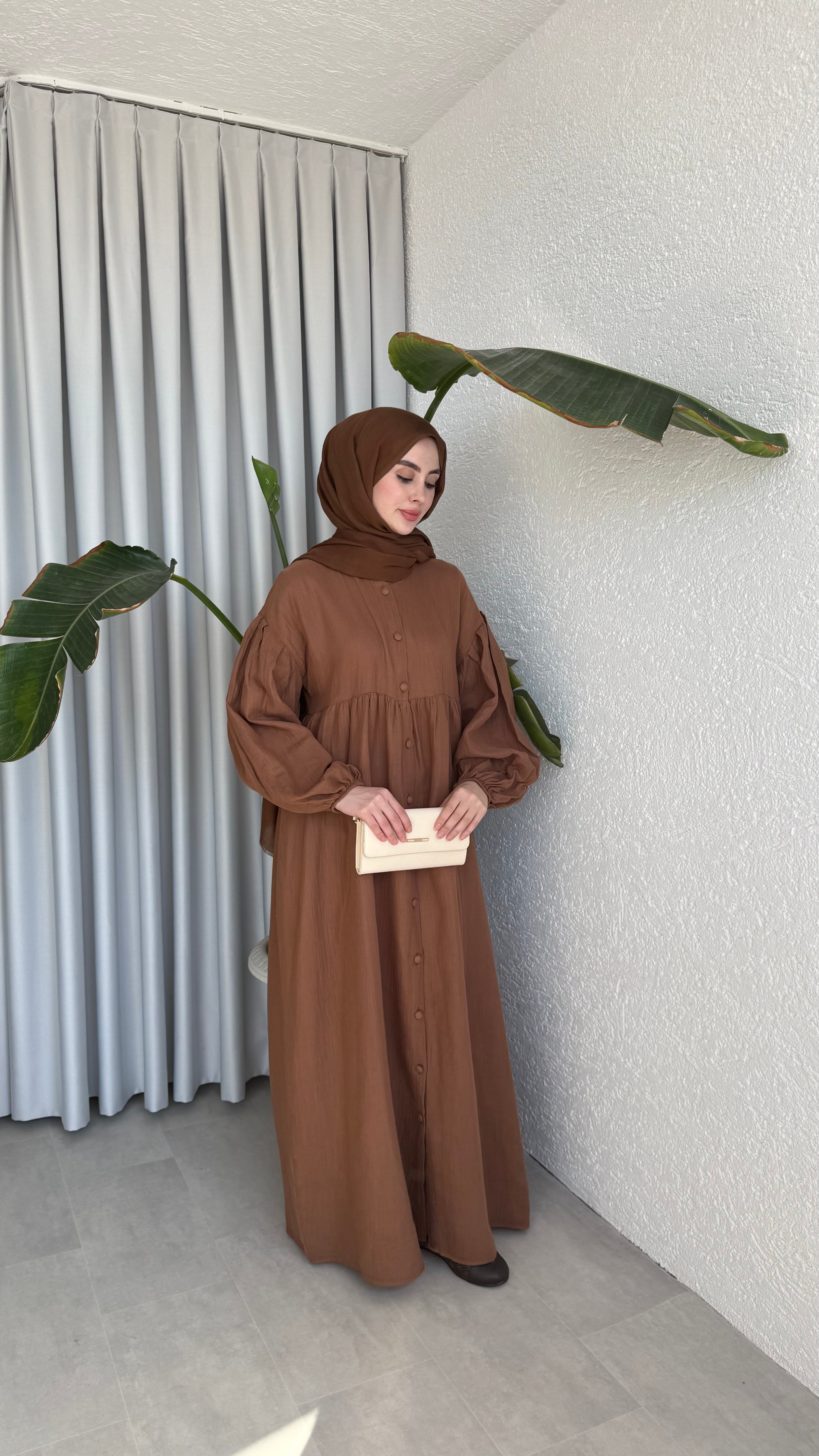 FARAH MÜSLİN ELBİSE - KAHVE