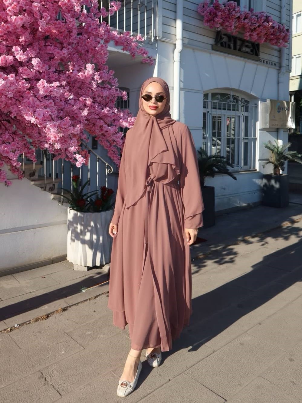 İÇİ %100 PAMUK ÜÇLÜ ABAYA TAKIM - KAHVE