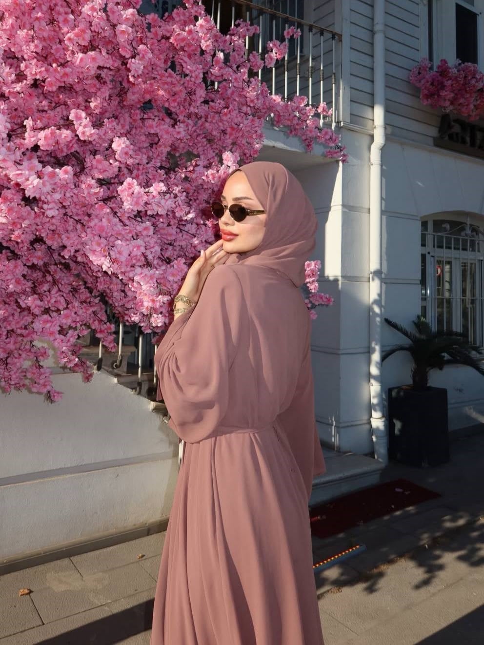 İÇİ %100 PAMUK ÜÇLÜ ABAYA TAKIM - KAHVE