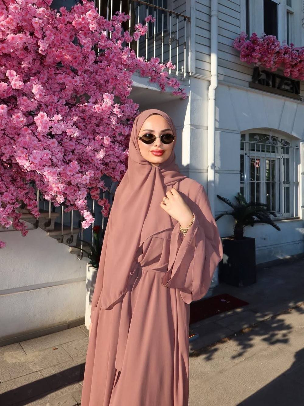 İÇİ %100 PAMUK ÜÇLÜ ABAYA TAKIM - KAHVE