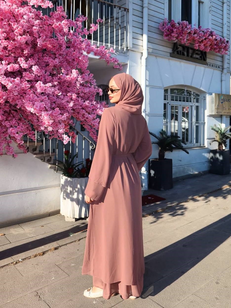 İÇİ %100 PAMUK ÜÇLÜ ABAYA TAKIM - KAHVE