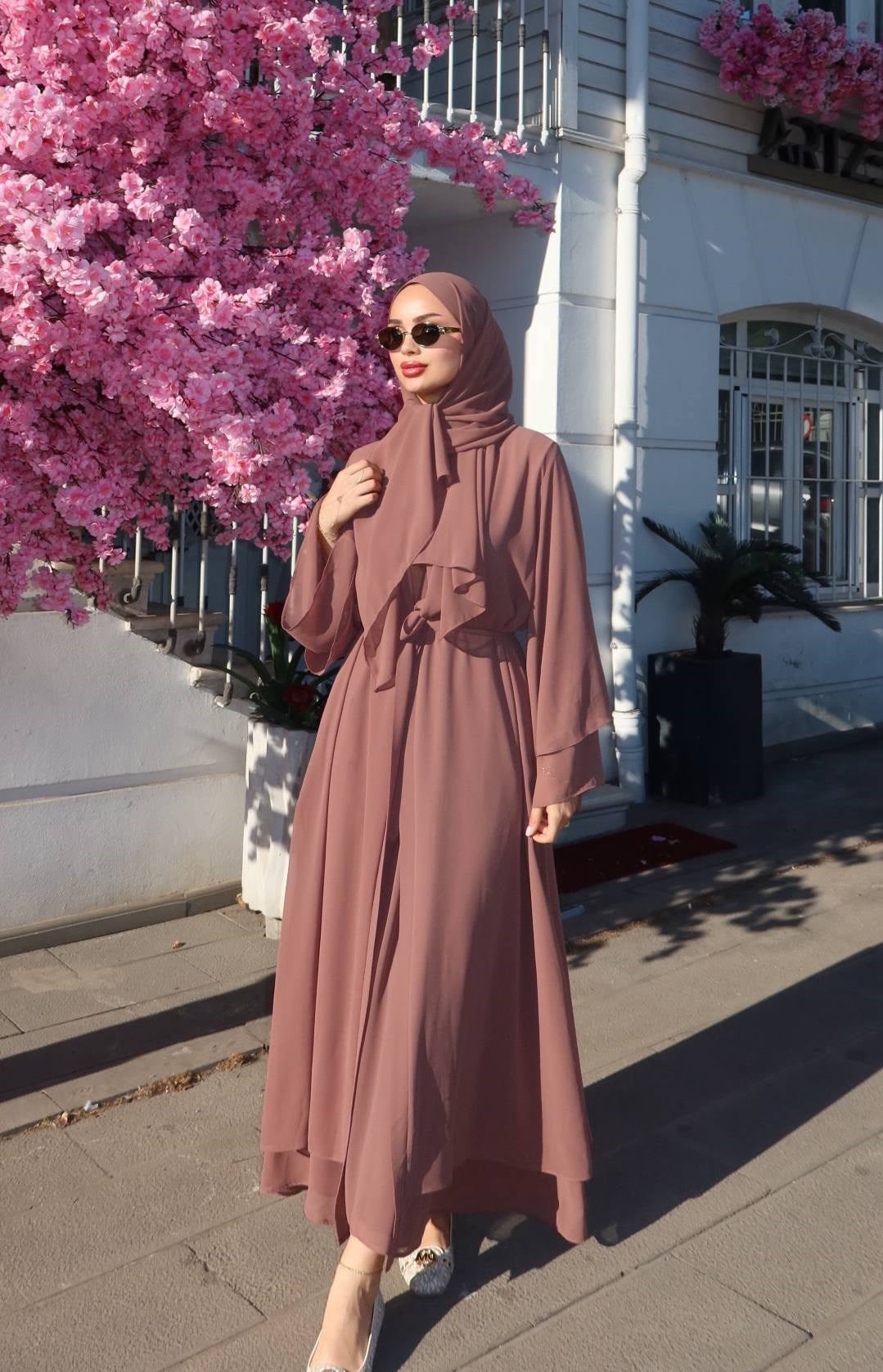 İÇİ %100 PAMUK ÜÇLÜ ABAYA TAKIM - KAHVE