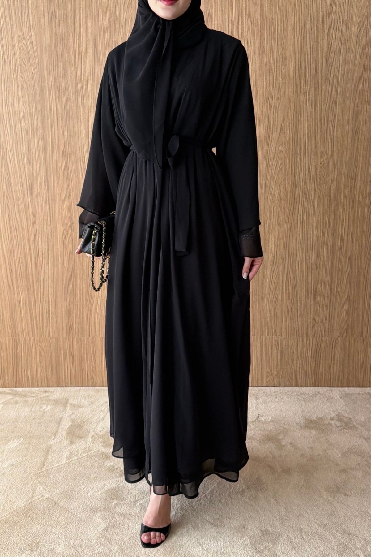 İÇİ %100 PAMUK ÜÇLÜ ABAYA TAKIM - SİYAH