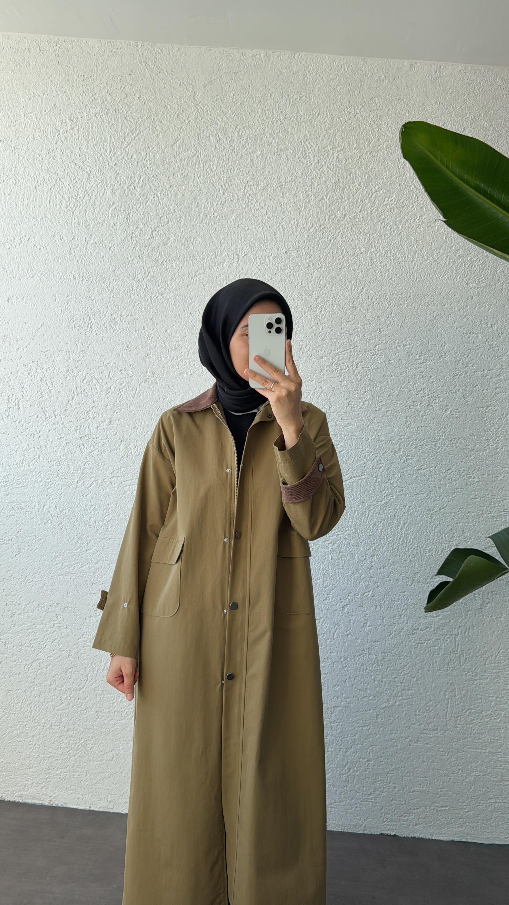 KADİFE YAKALI TRENÇKOT - HAKİ