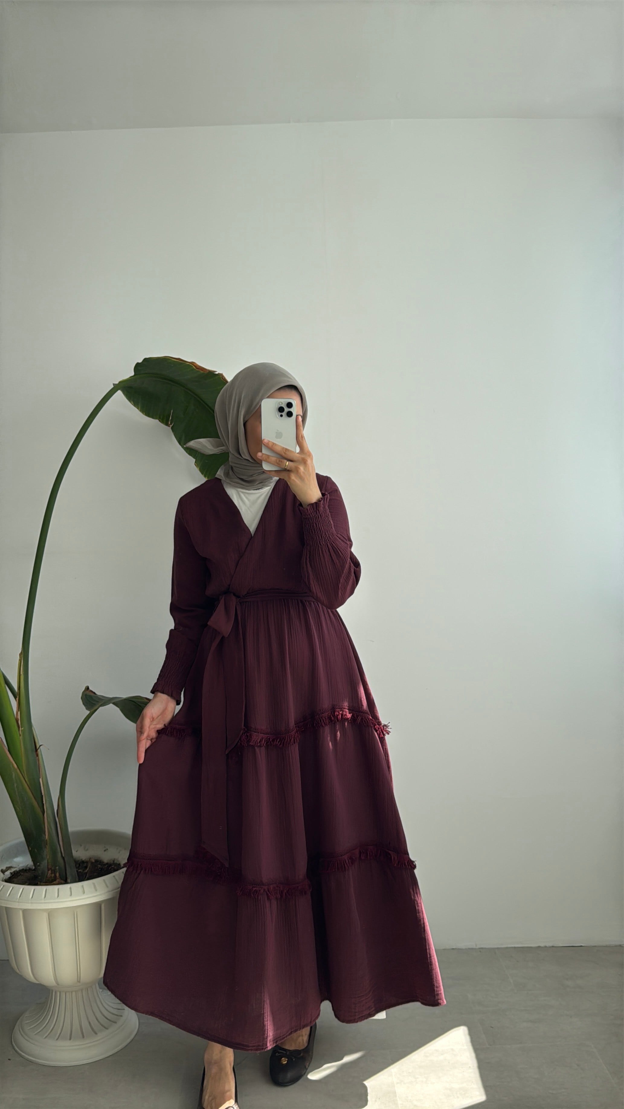 KRUVAZE YAKA ELBİSE - BORDO