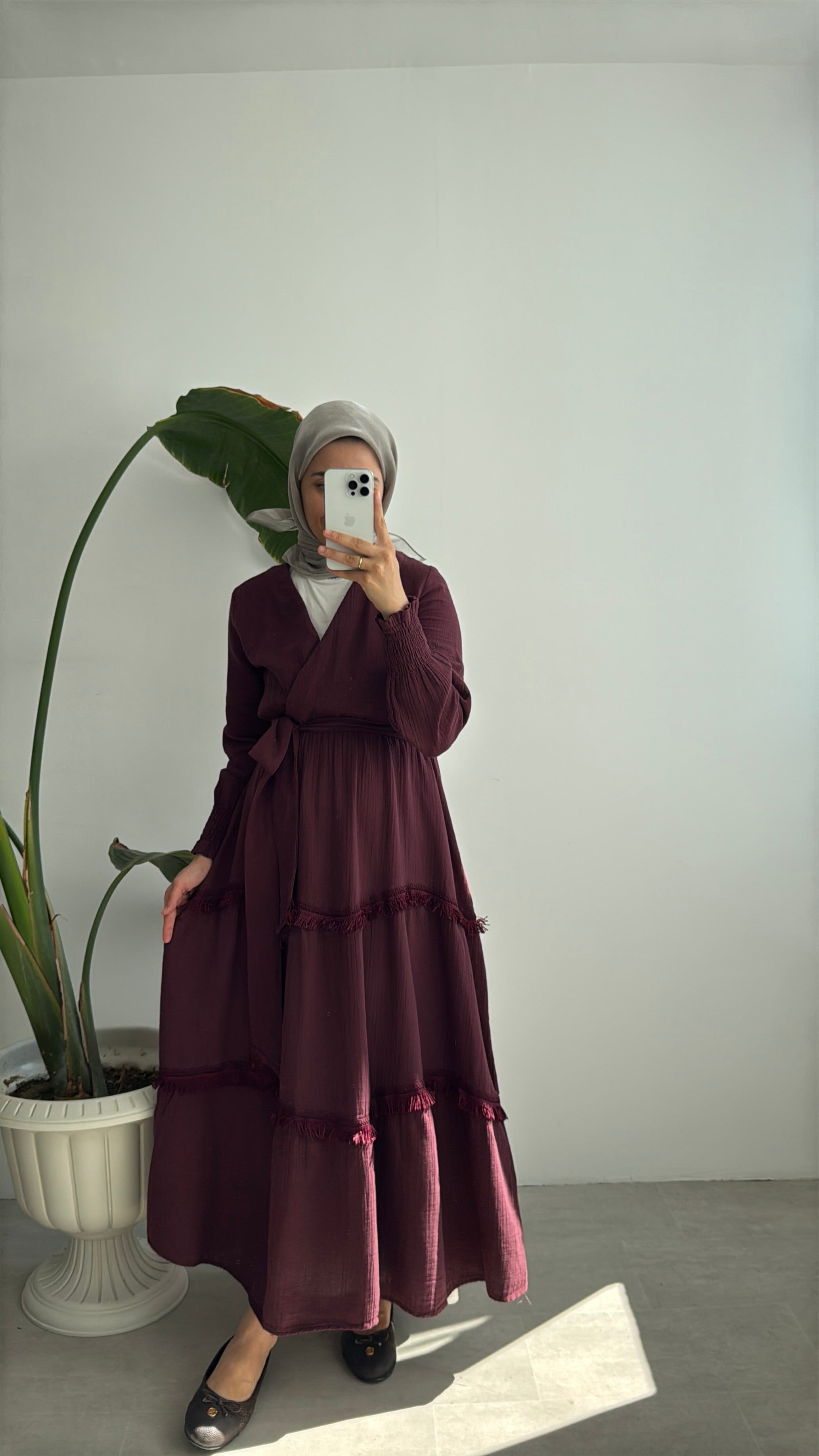 KRUVAZE YAKA ELBİSE - BORDO