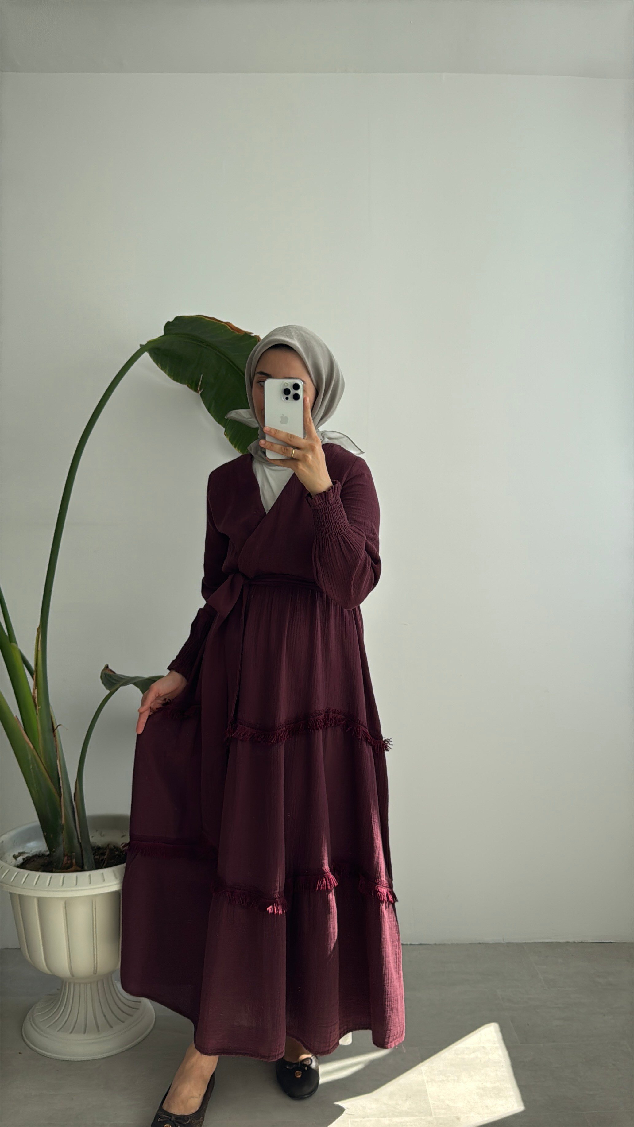 KRUVAZE YAKA ELBİSE - BORDO
