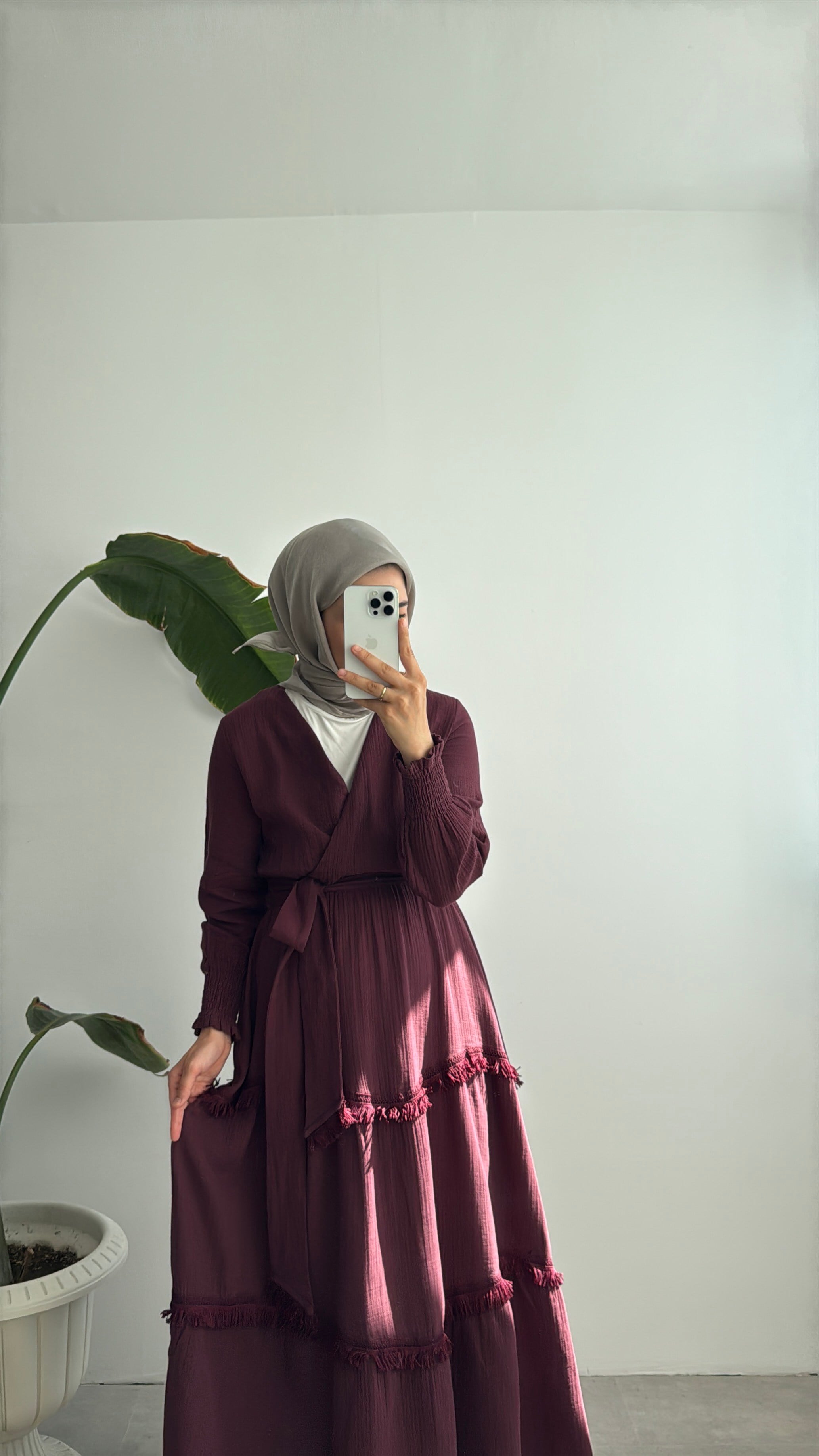 KRUVAZE YAKA ELBİSE - BORDO