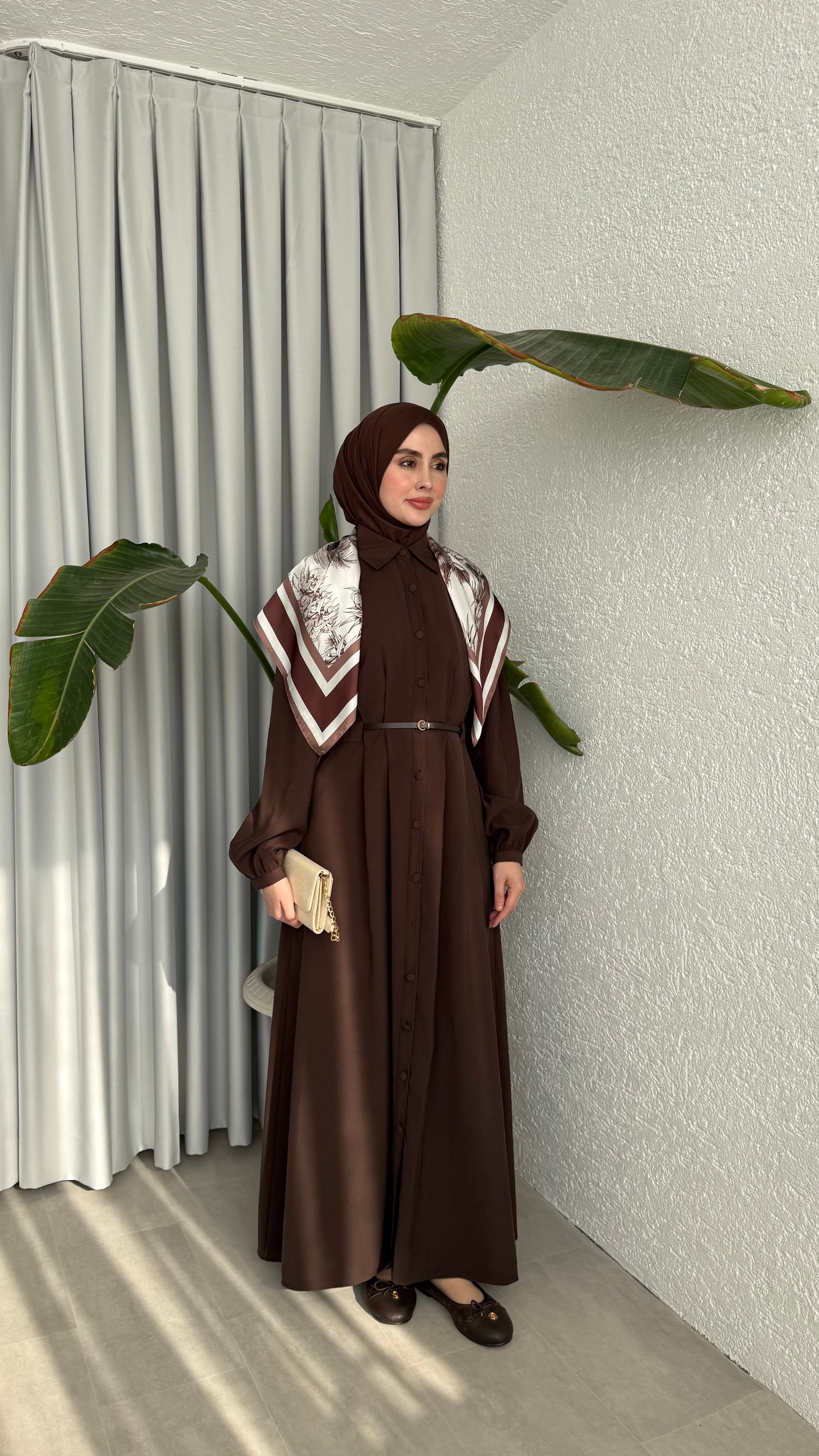 MOLLEN OMUZ ŞALLI ELBİSE - KAHVE 