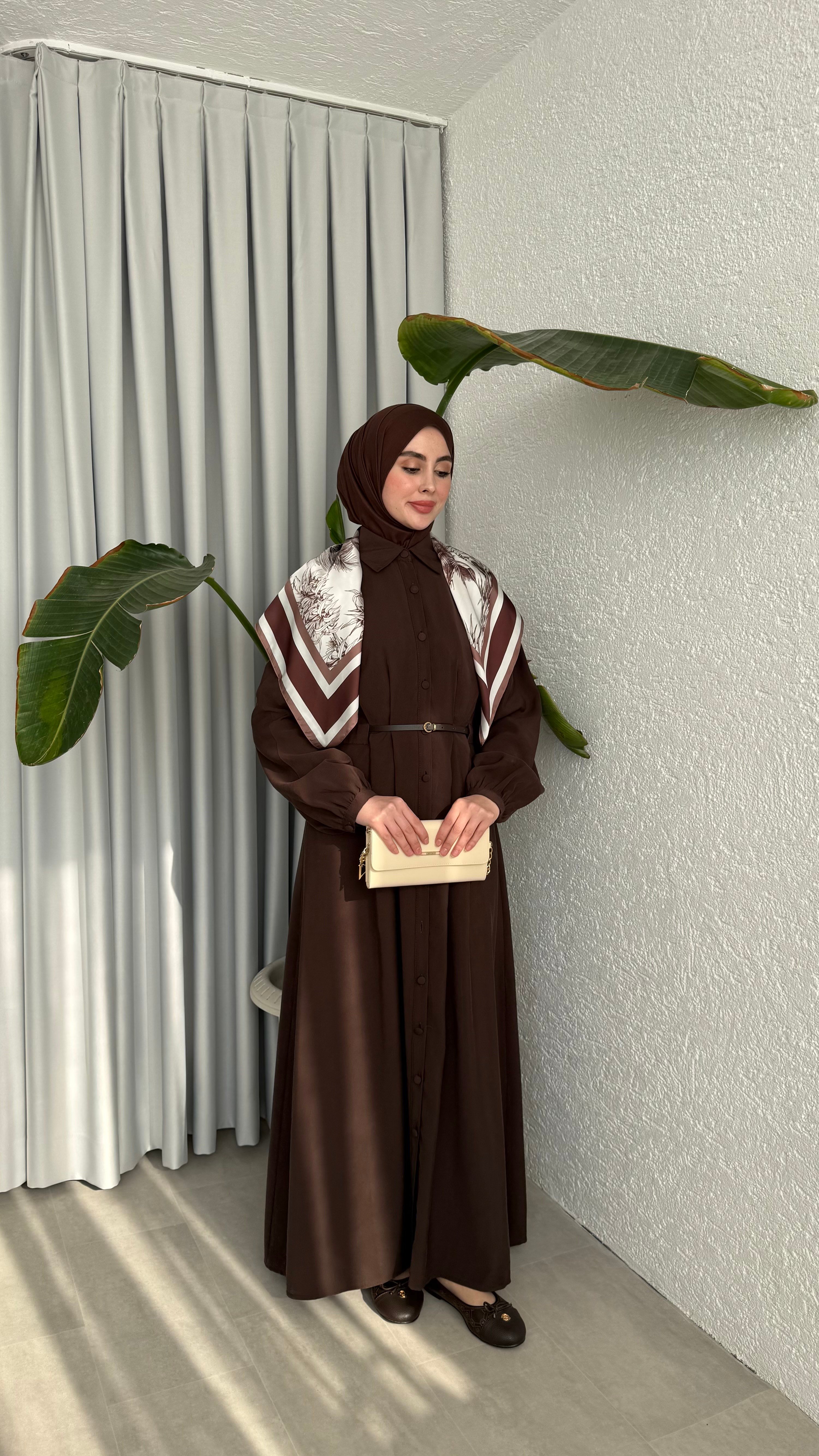 MOLLEN OMUZ ŞALLI ELBİSE - KAHVE 