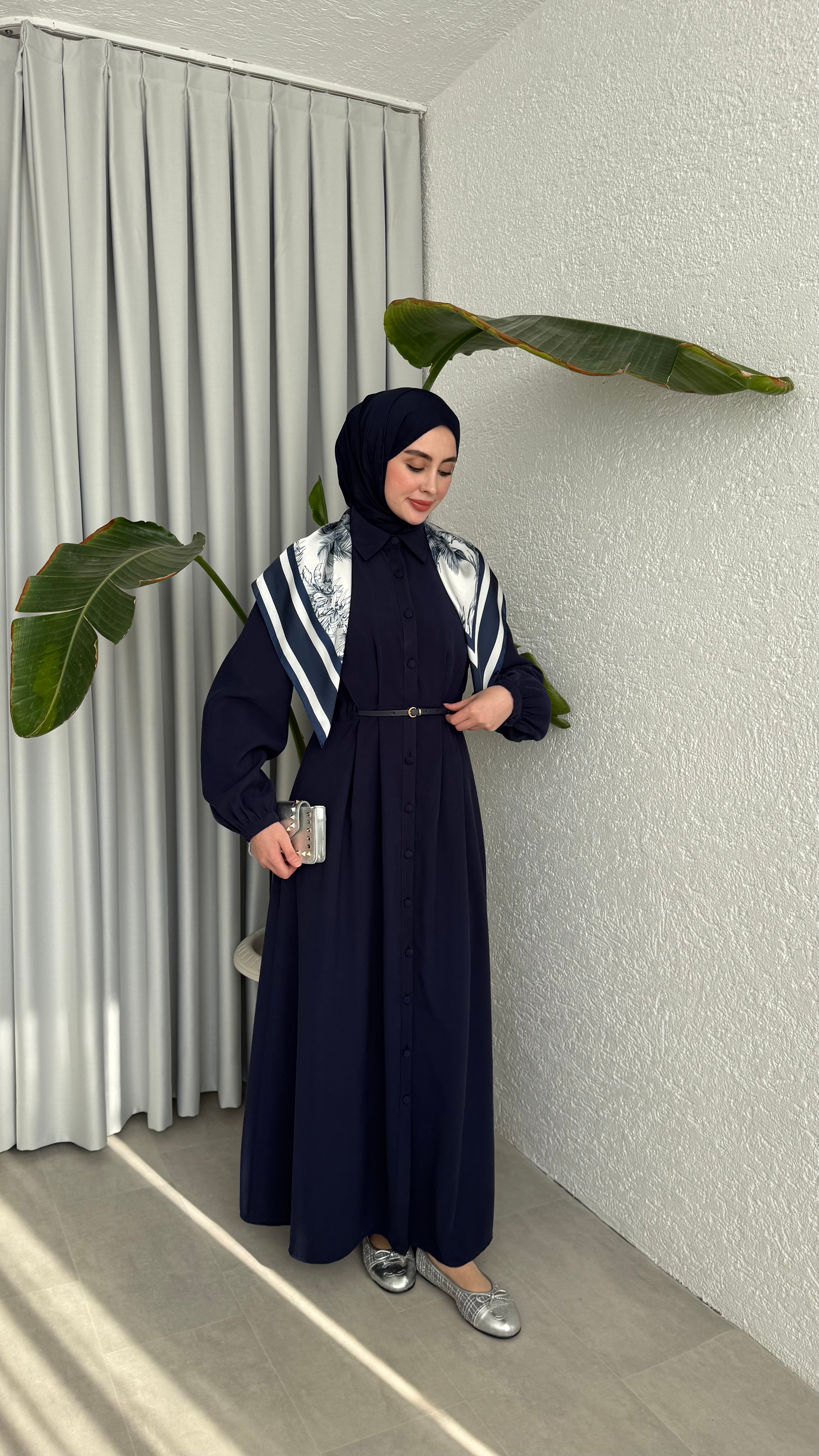 MOLLEN OMUZ ŞALLI ELBİSE -LACİVERT