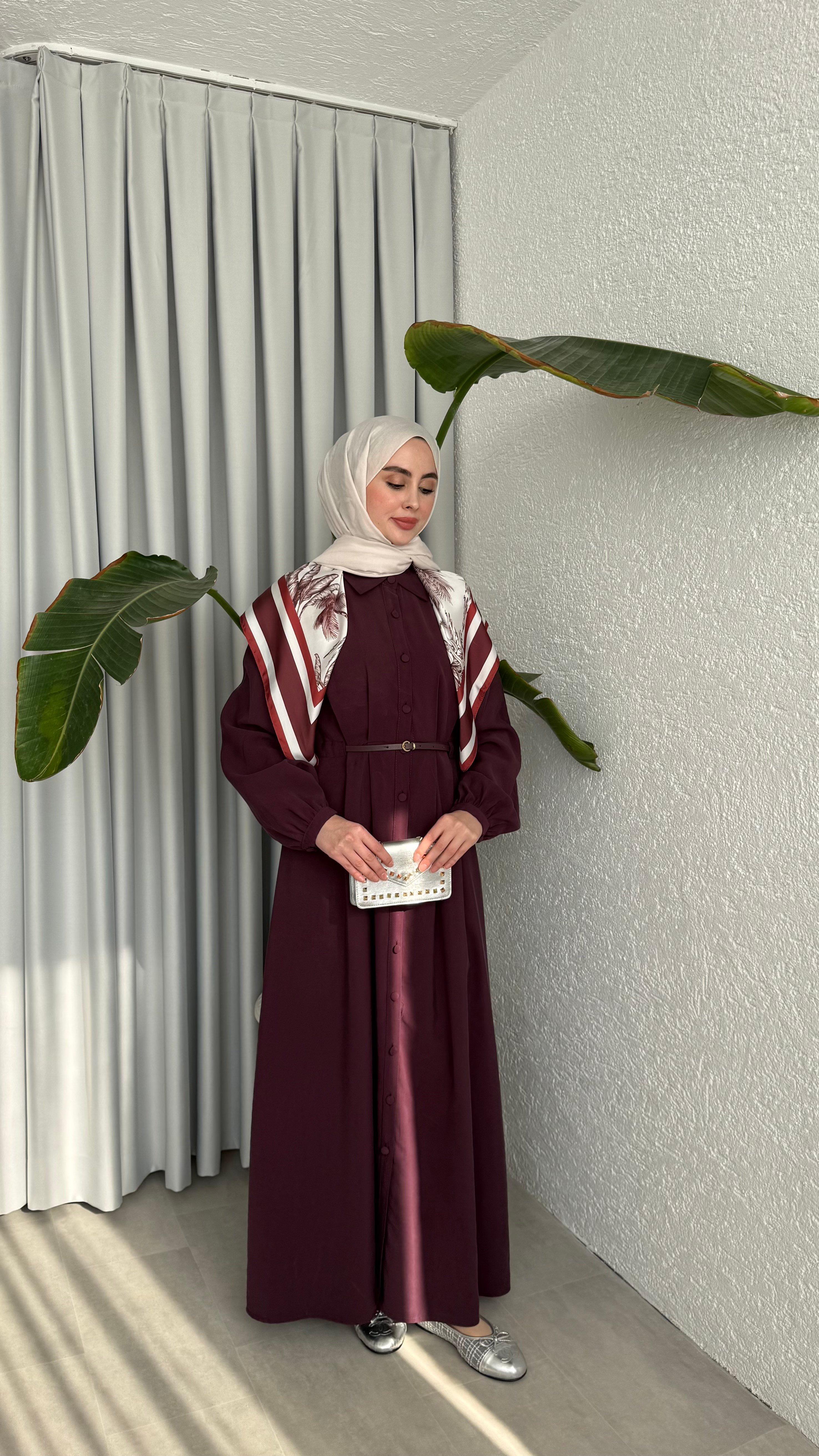 MOLLEN OMUZ ŞALLI ELBİSE -MÜRDÜM 