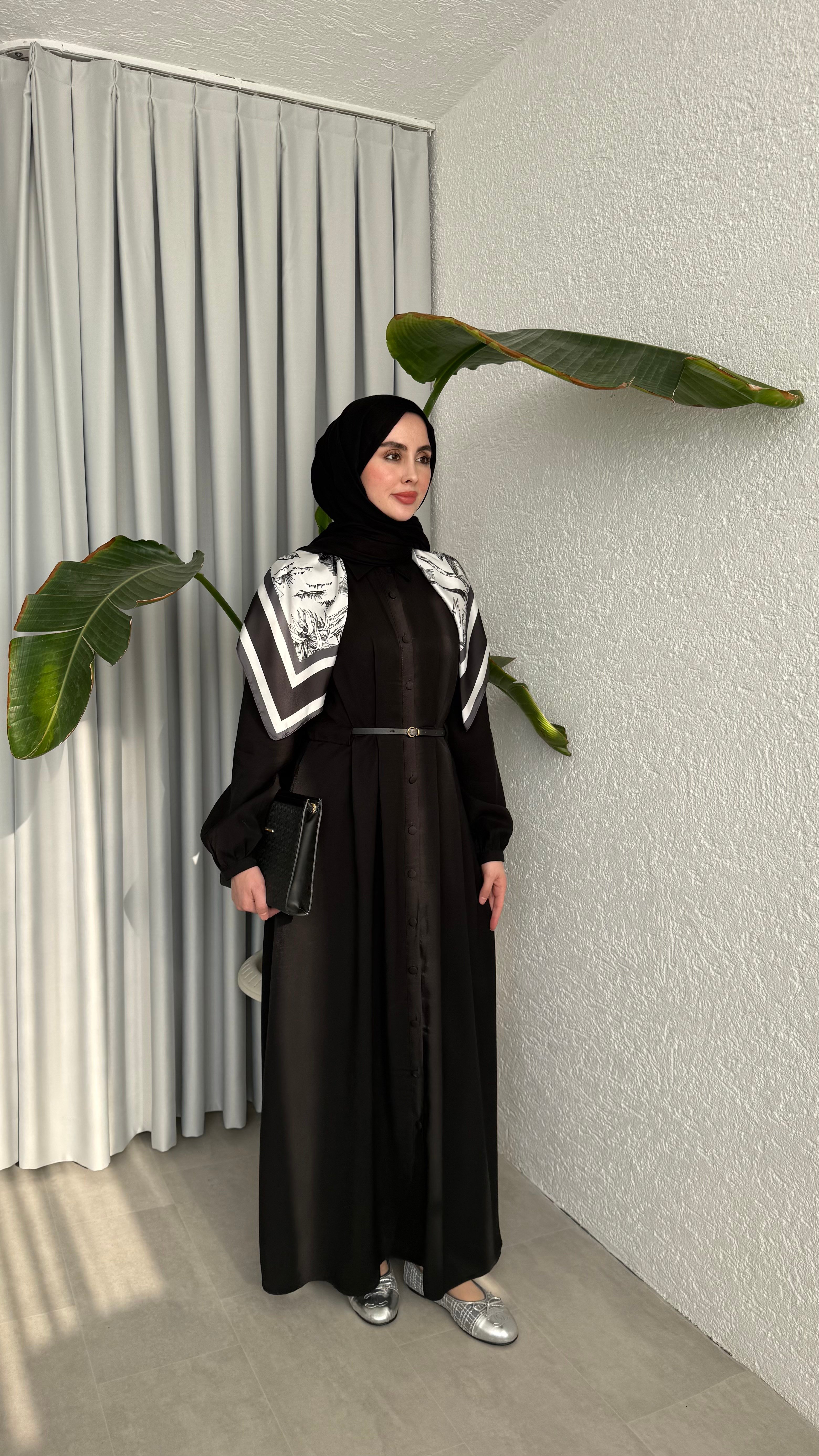 MOLLEN OMUZ ŞALLI ELBİSE -SİYAH