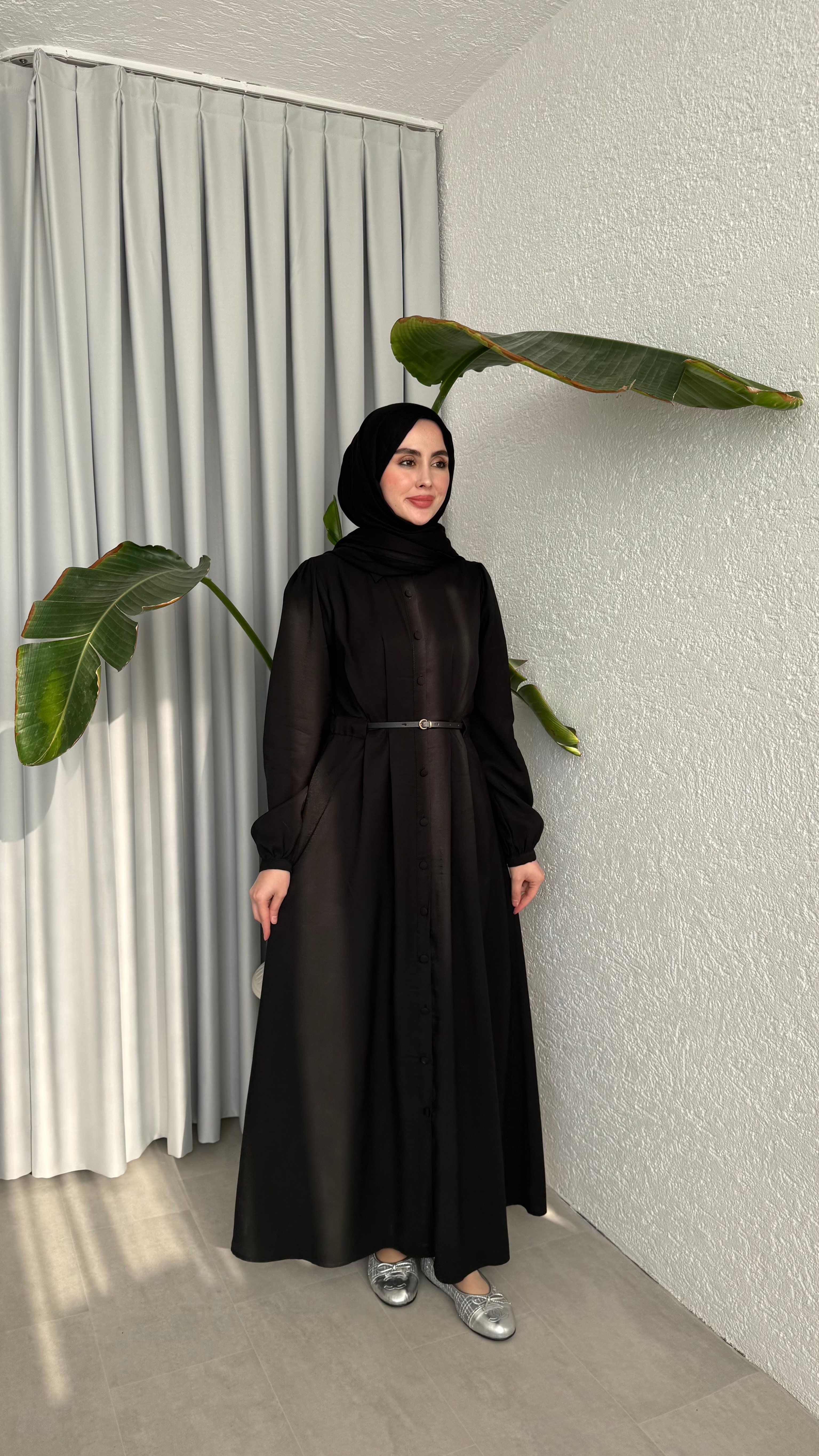 MOLLEN OMUZ ŞALLI ELBİSE -SİYAH
