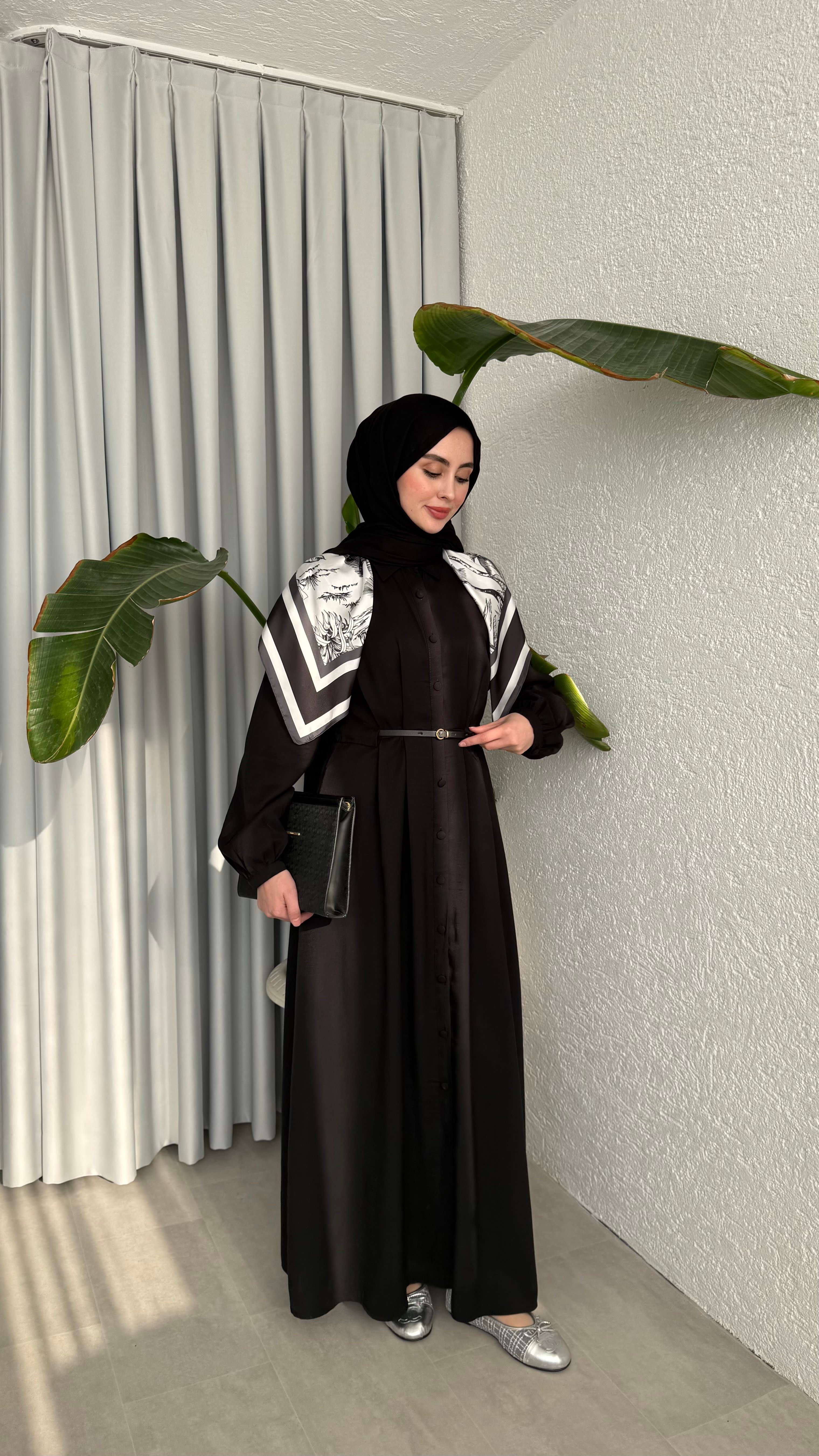 MOLLEN OMUZ ŞALLI ELBİSE -SİYAH