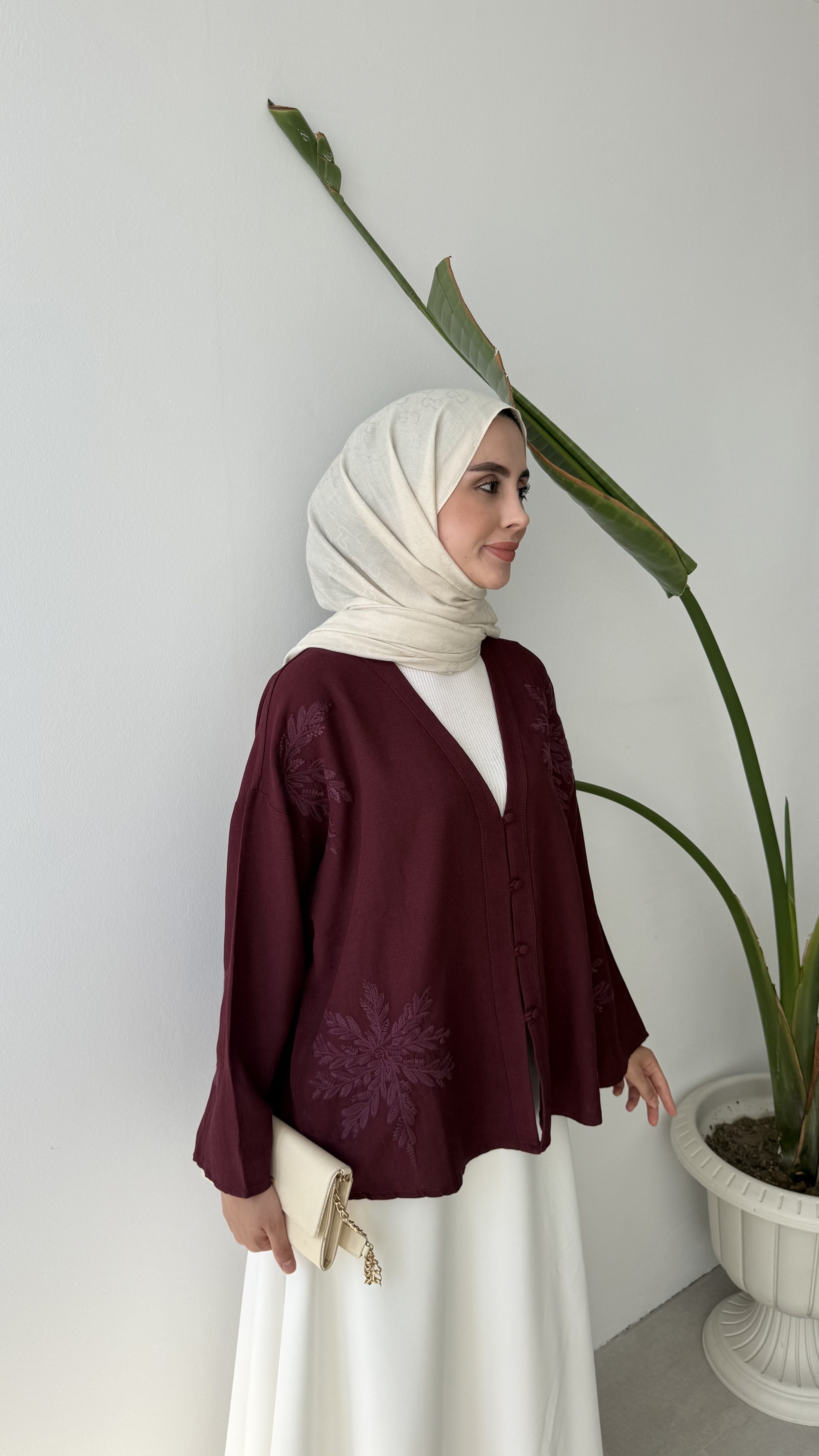 NAKIŞ DETAYLI V YAKA KİMONO - BORDO