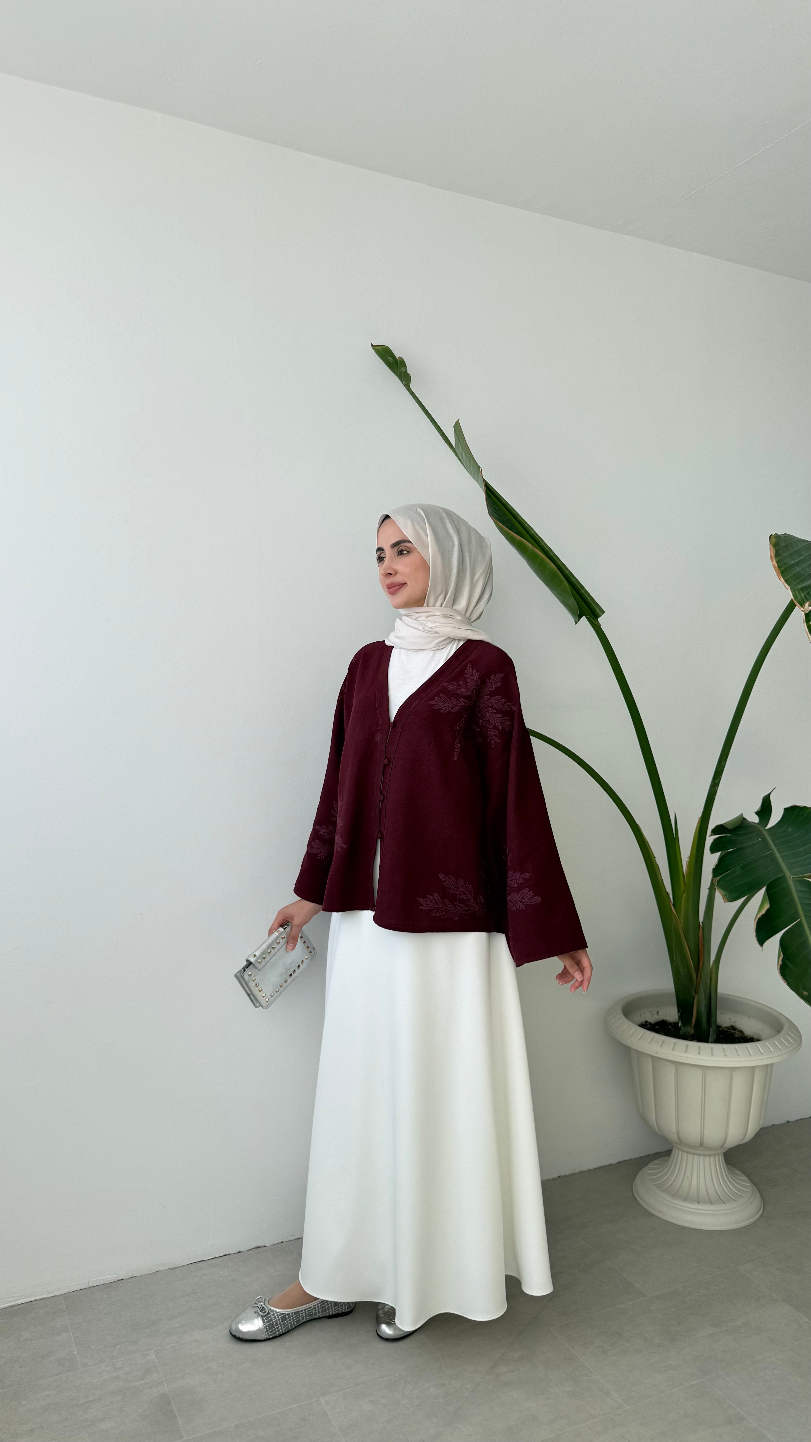 NAKIŞ DETAYLI V YAKA KİMONO - BORDO