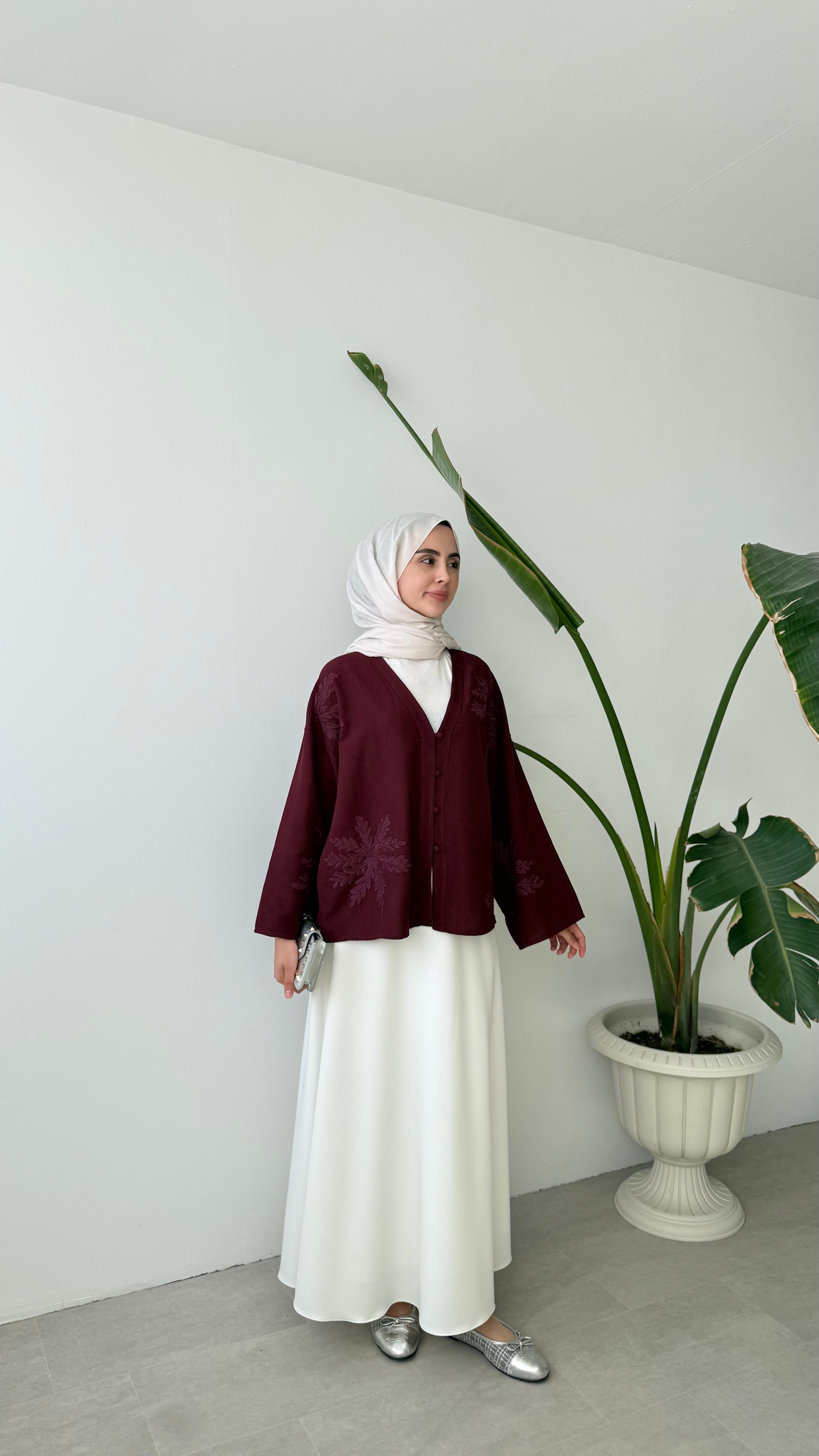 NAKIŞ DETAYLI V YAKA KİMONO - BORDO
