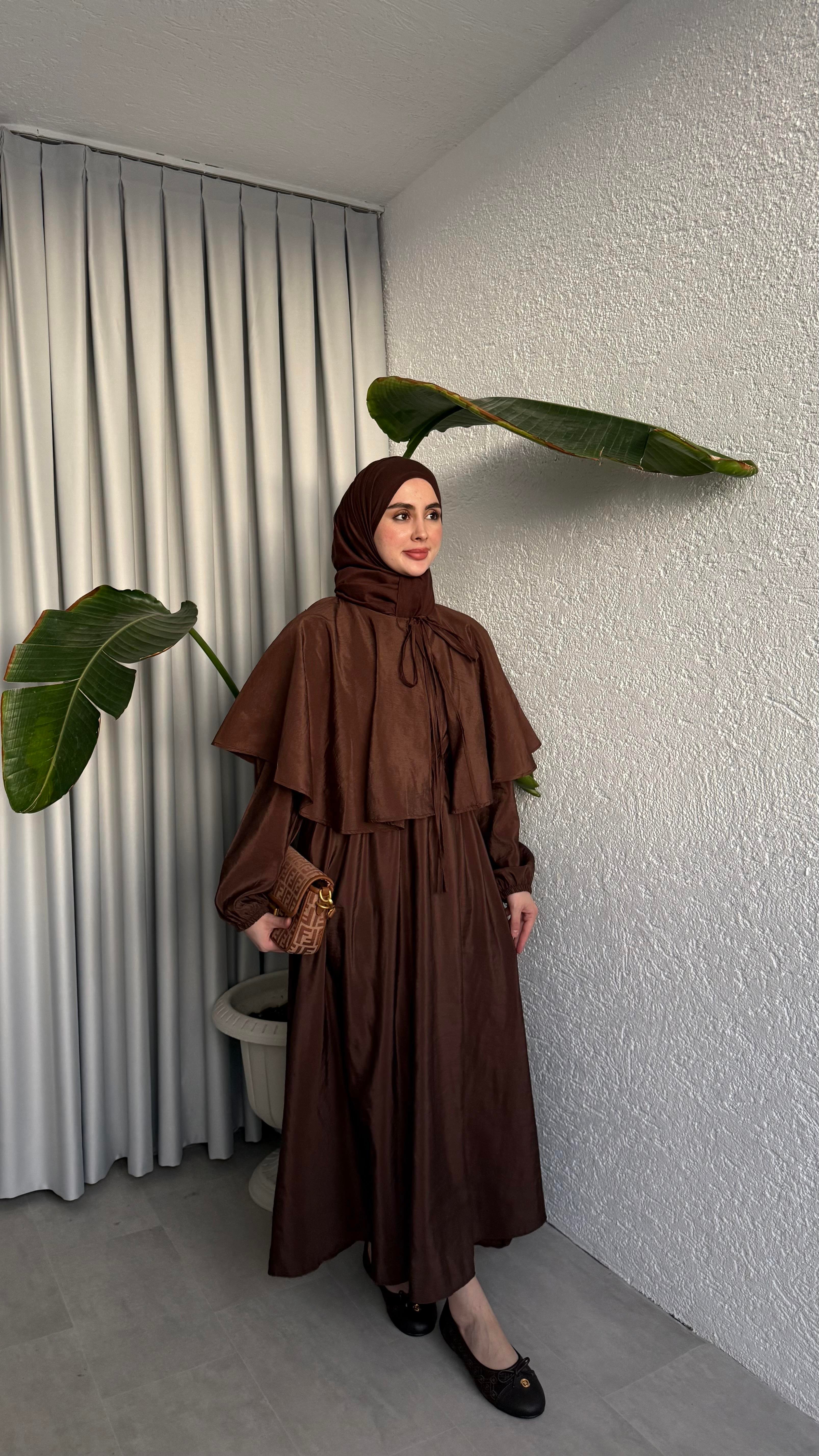 PELERİN DETAYLI ELBİSE - KAHVE