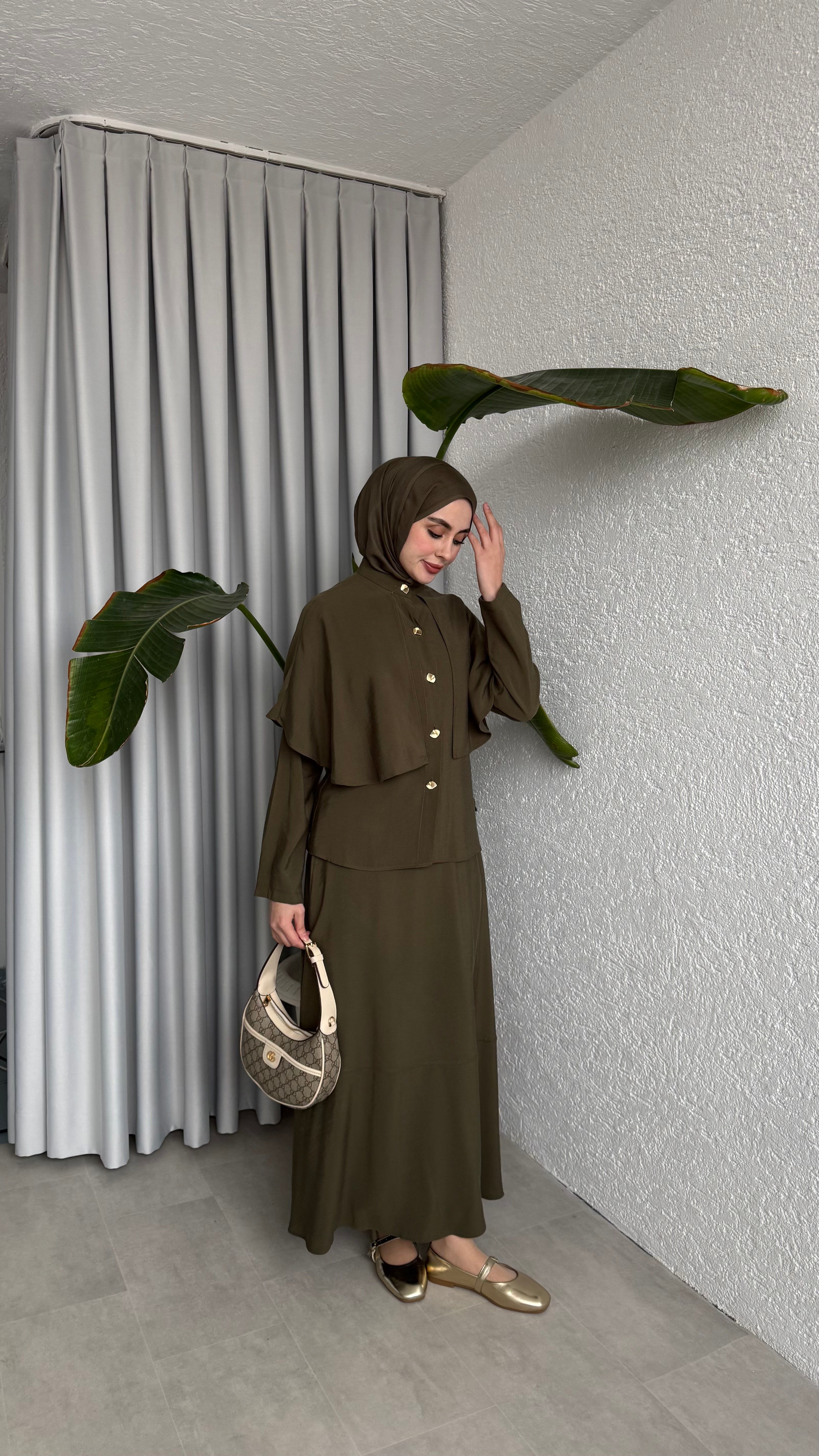 PELERİN DETAYLI ETEK TAKIM - HAKİ